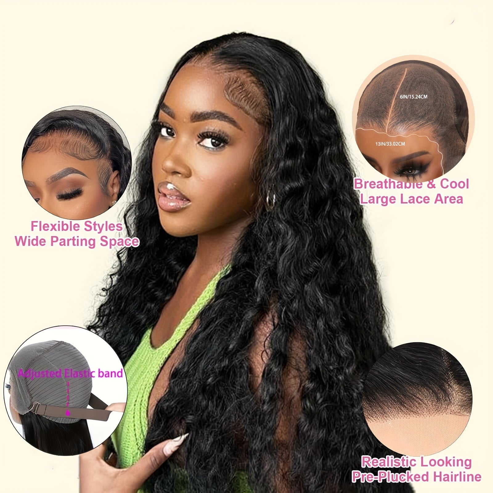 [13x6 Water Wave Wig] 200% Density Glueless Human Hair 13x6 Water Wave Wig - Pre-Plucked & Pre-Cut HD Lace Frontal, Deep Curly Wigs for Women, Easy to Wear for Beginners, Natural Look for Black Individuals, Wig Accessories