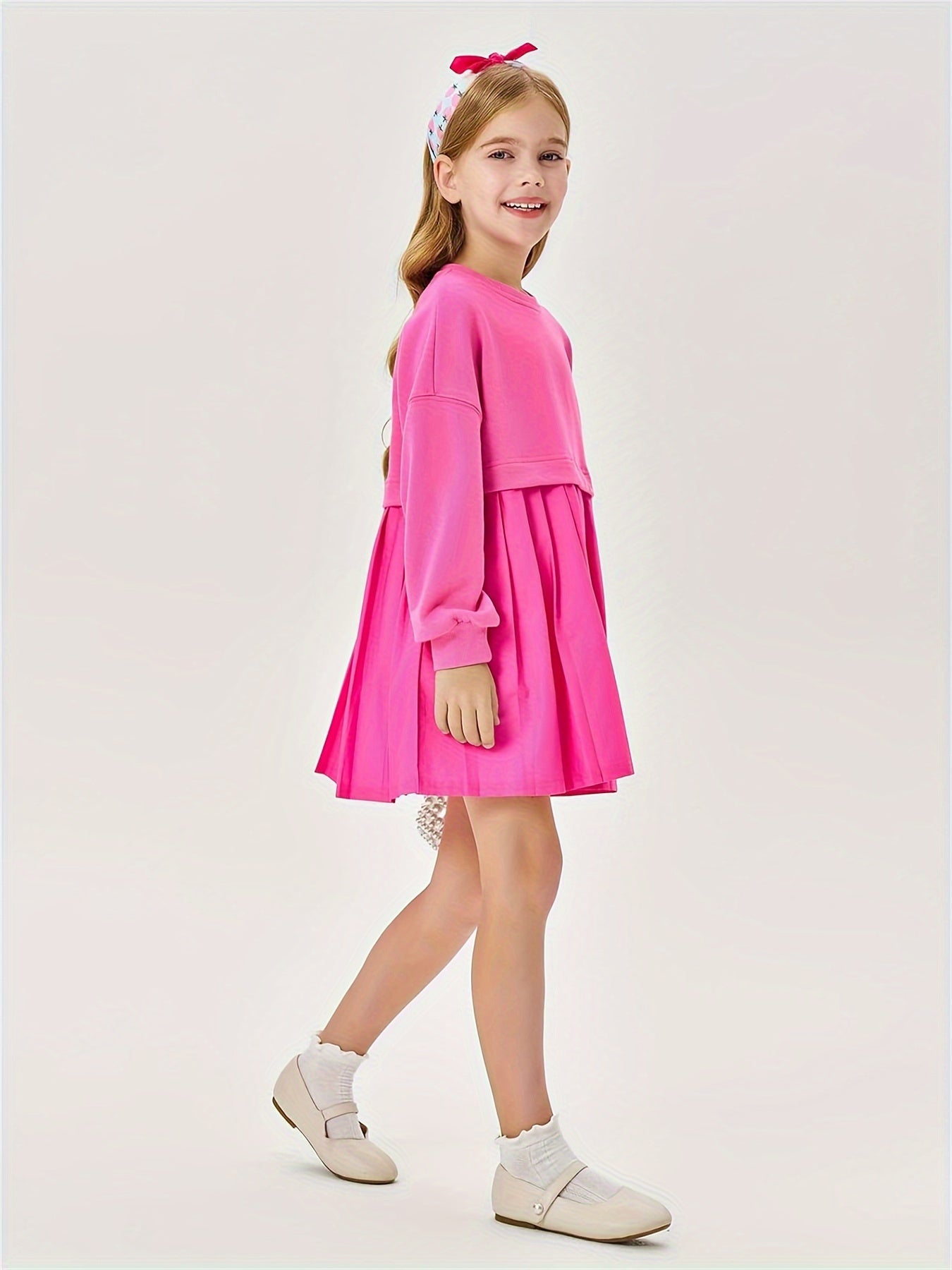 Girls Pleated Sweatshirt Dresses Kids Fashion Long Sleeve Crew Neck Mini Dress