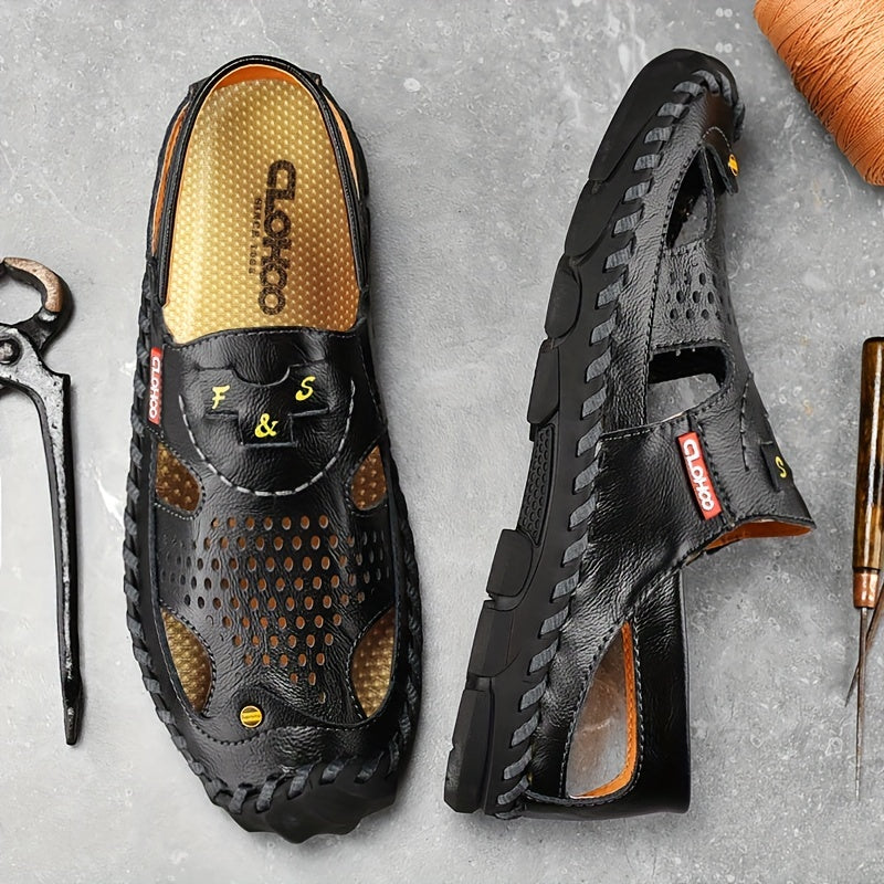 CLOHOO Mens Round Toe Sandals - Durable Handmade Stitching, Non-Slip Rubber Sole, Comfortable PU Insole, Breathable Fabric Lining, Second Layer Cowhide Upper, Slip-On Closure, Perfect for Indoor, Outdoor, Beach, Vacation, Spr