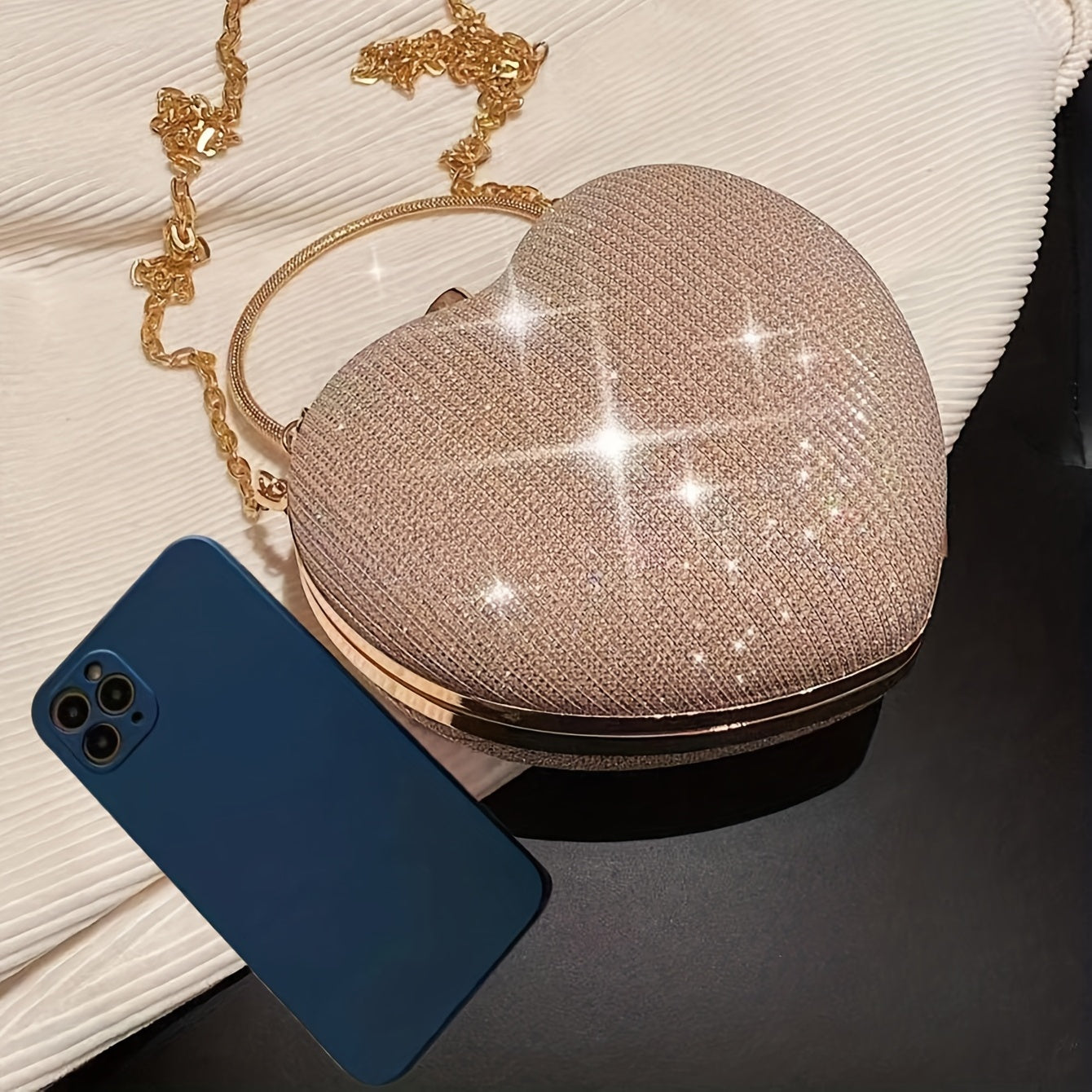 Mini Heart-Shaped Box Handbag - Evening Bags with Glitter Chain Crossbody Strap, Sparkly Clasp and Box-Shaped Design for Wedding, Party, Carnaval and Formal Occasions