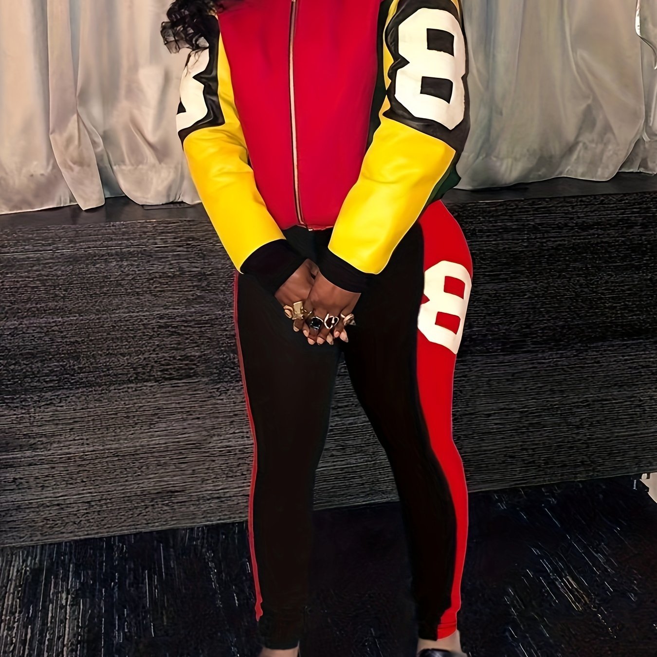 Two-piece Set, Color Block Casual Fall & Winter Outfits, Zip Up Jacket & Pants, Women's Clothing