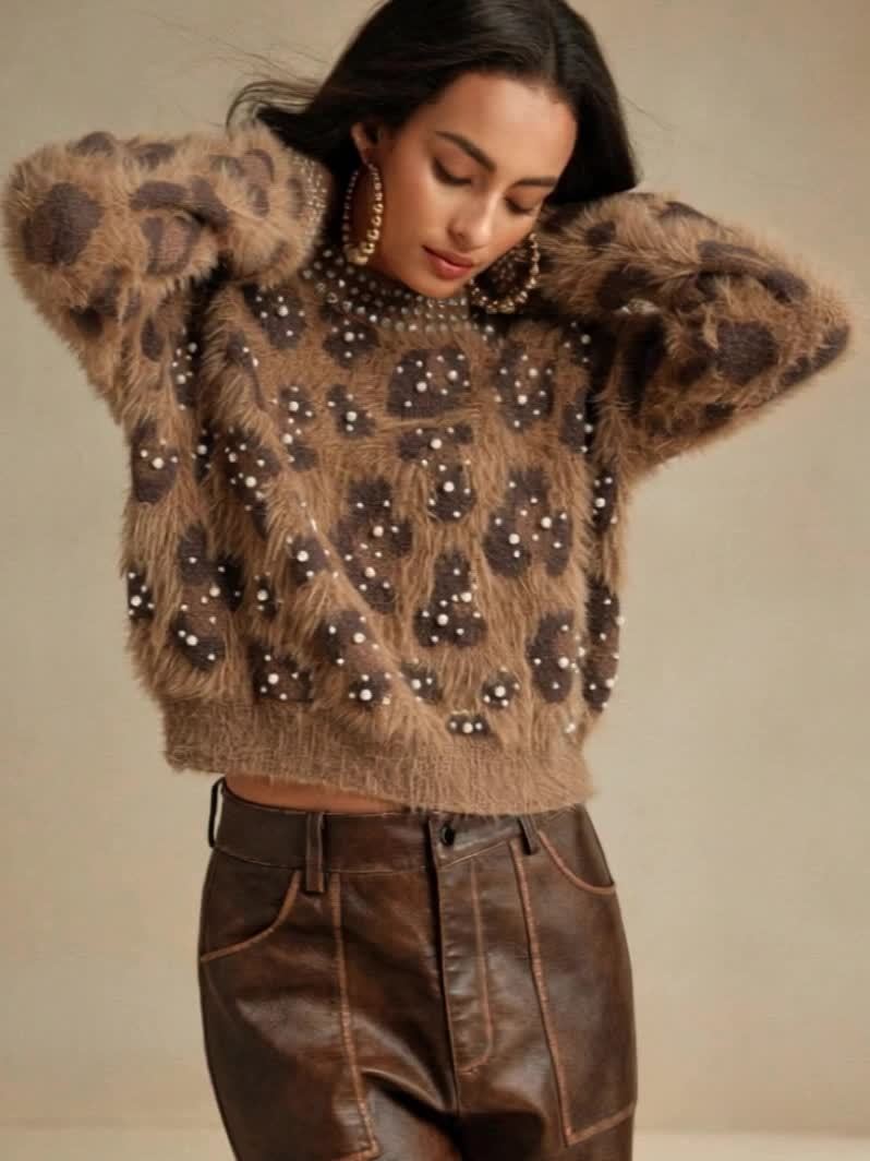 Women's Retro Leopard Print & Rhinestone Sweater - Soft Stretchy Pullover with Pearl Accents, Round Neck Long Sleeve Casual Winter Top for Fall & Winter Outfits