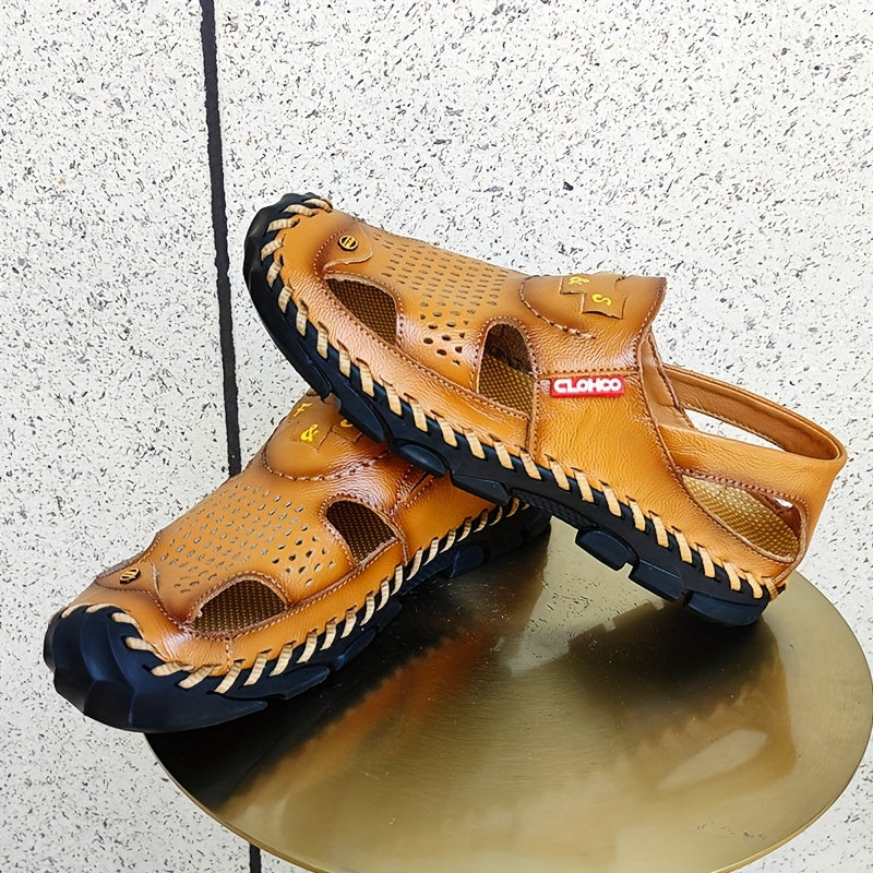CLOHOO Mens Round Toe Sandals - Durable Handmade Stitching, Non-Slip Rubber Sole, Comfortable PU Insole, Breathable Fabric Lining, Second Layer Cowhide Upper, Slip-On Closure, Perfect for Indoor, Outdoor, Beach, Vacation, Spr
