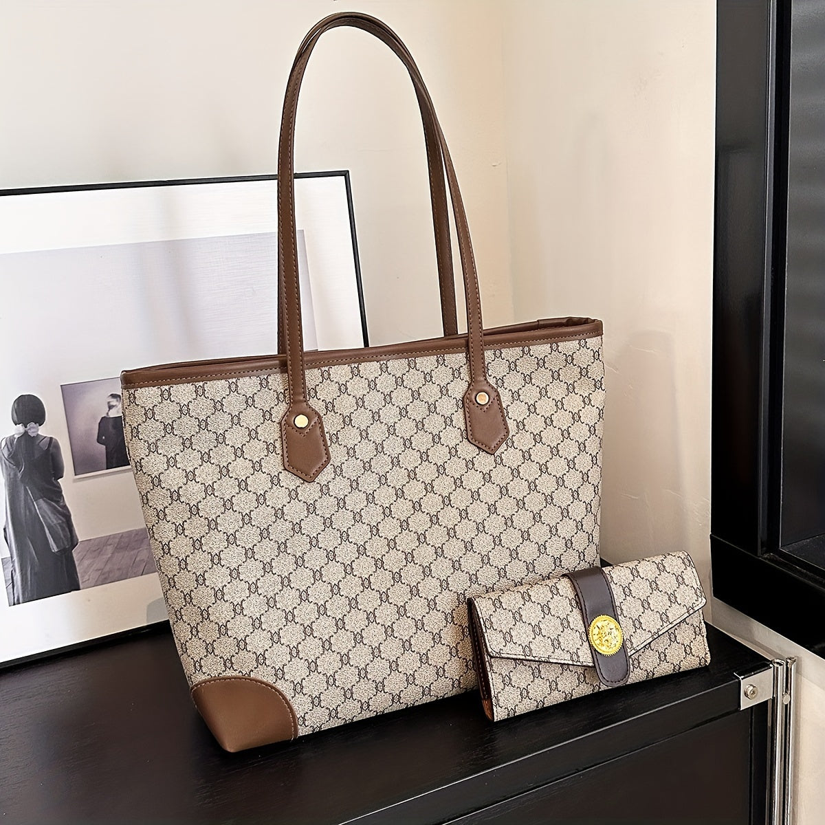 Classic Elegant Tote Shoulder Bag With Long Purse, Elegant Textured Women's Bags, New Year & Valentine's Day Gift