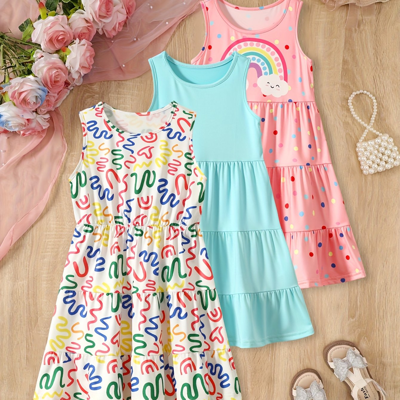 [Girls Sleeveless Dresses] 3pcs Girls' Sleeveless Dresses - Vibrant Rainbow & Candy Pattern, Yellow Tiered Ruffle Dress, Purple Polka Dot with Rainbow & Clouds Design - Perfect for Summer, Parties, and Casual Outings, Party D