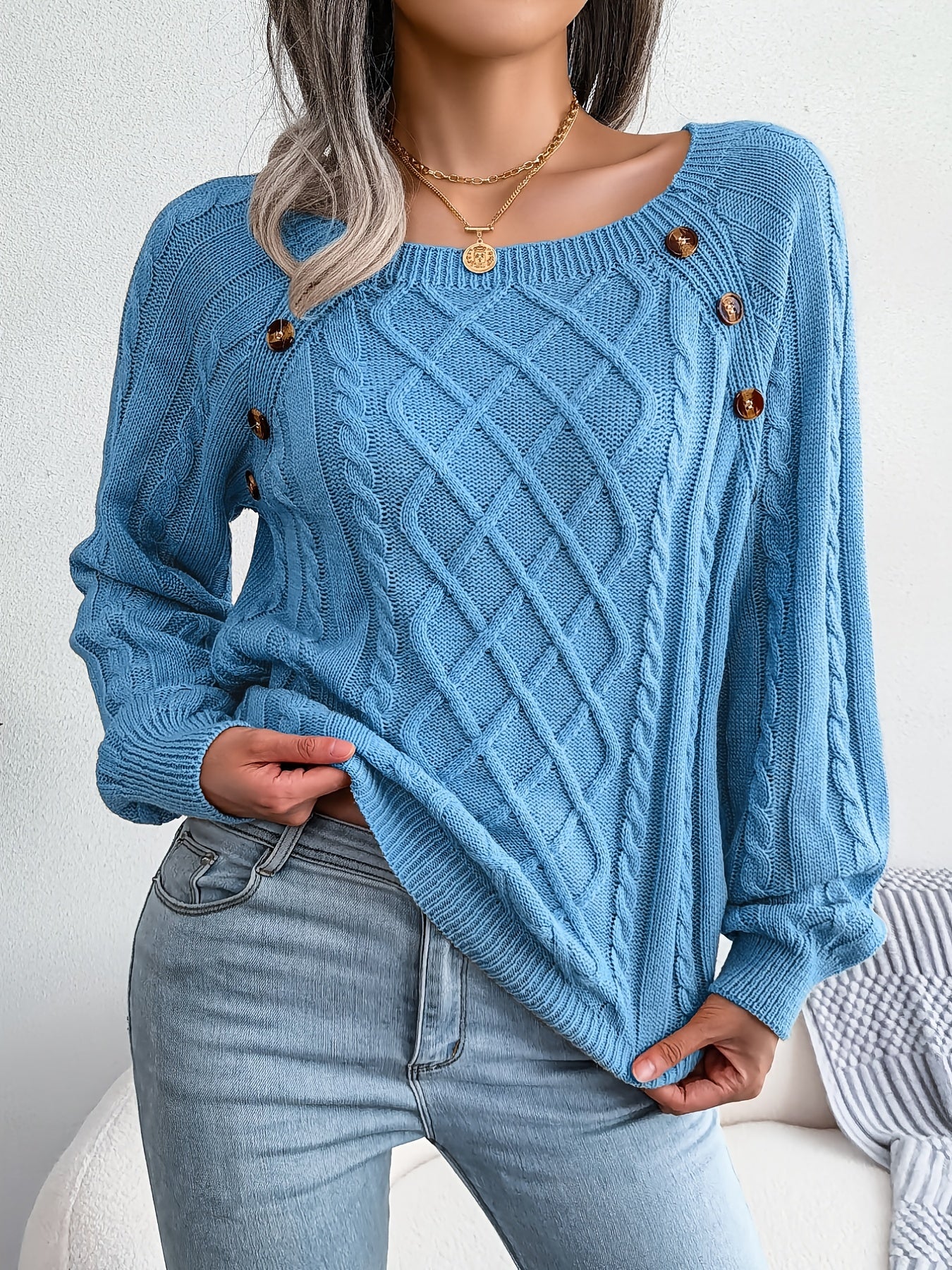 Texture Button Lantern Sleeve Sweater - Women's Round Neck Sweater