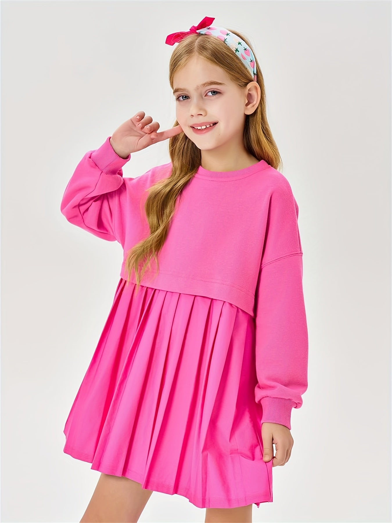 Girls Pleated Sweatshirt Dresses Kids Fashion Long Sleeve Crew Neck Mini Dress