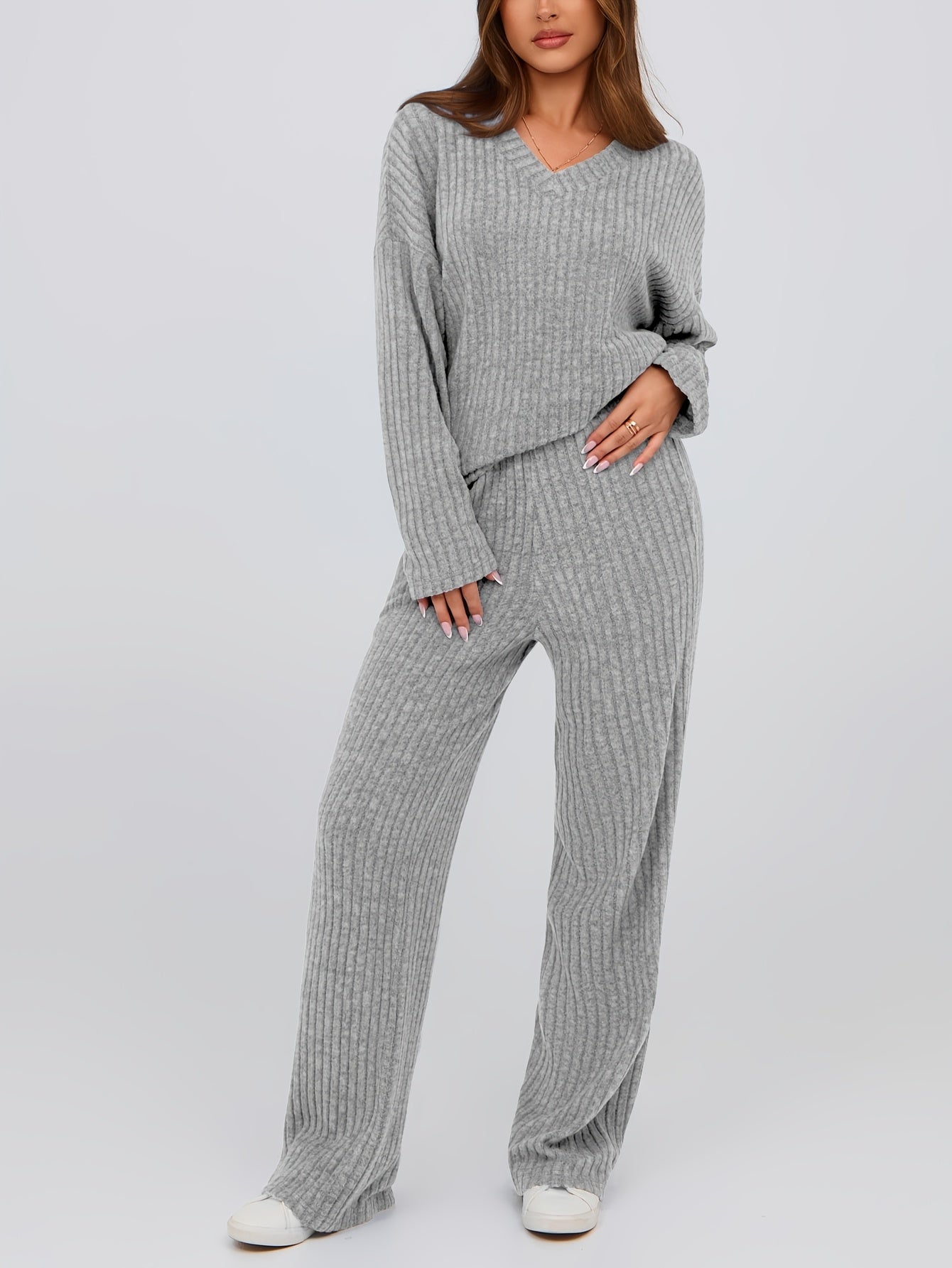 [Ribbed Knit Lounge Sets] 2pcs Ribbed Knit Lounge Sets - Women's Long Sleeve V Neck Pullover Tops Wide Leg Pants for Fall Winter Outfits