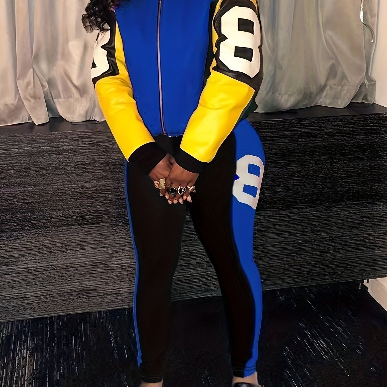 Two-piece Set, Color Block Casual Fall & Winter Outfits, Zip Up Jacket & Pants, Women's Clothing