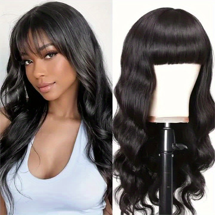 Body Wave Wigs with Bangs Human Hair Wigs for Women Glueless Wigs Brazilian Virgin Hair Glueless Machine Made Wig Human Hair Wigs with Bangs Natural Color 180% Density