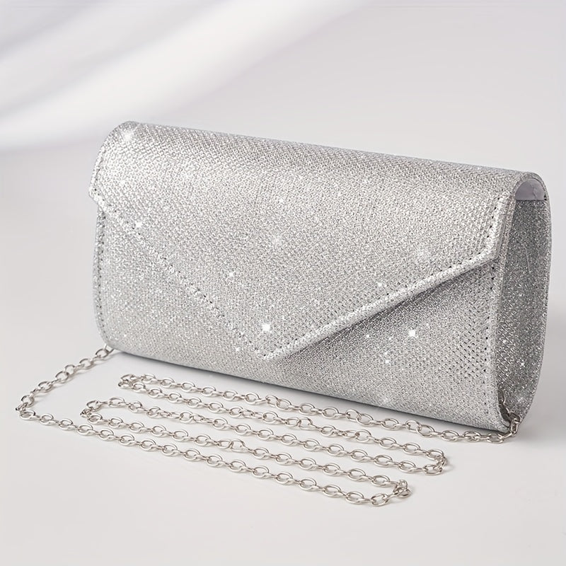 Glitter Women Envelope Evening Bag Mini Long Purse Ladies Silvery Day Clutch Wedding Party Handbag Shoulder Bags with Chain --A