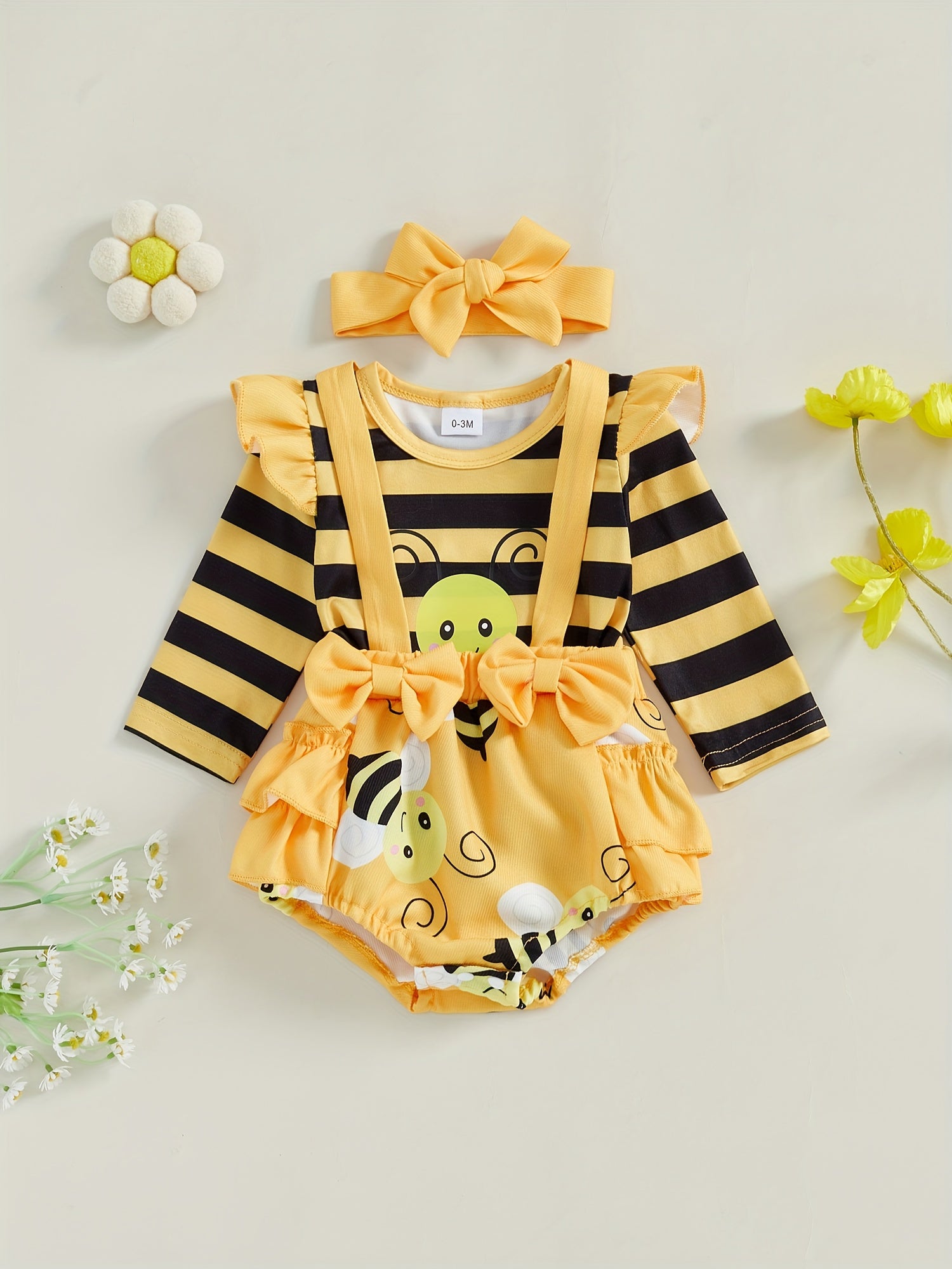 Baby Girl Fall Outfits Stripe Bee Print Long Sleeve Romper Suspender Shorts Headband 3Pcs Clothes Set 0 3 6 12 18 Months
