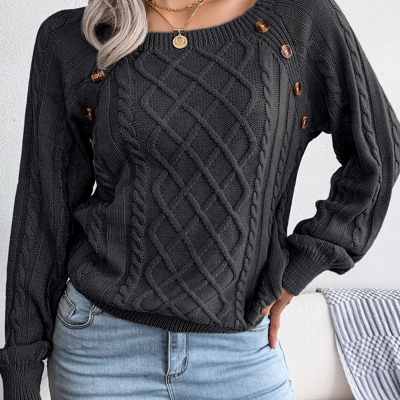Texture Button Lantern Sleeve Sweater - Women's Round Neck Sweater