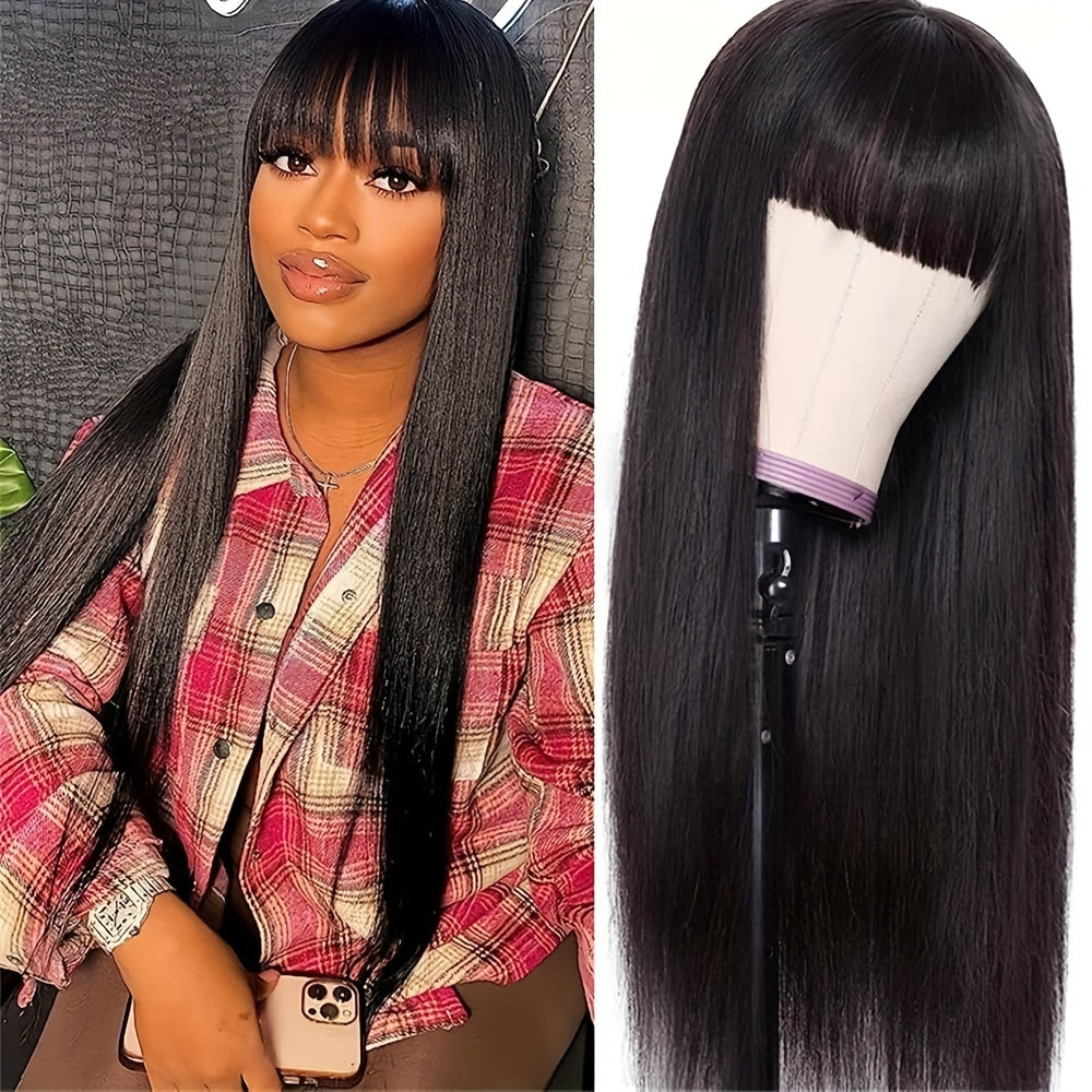 Straight Human Hair Wigs With Bangs Brazilian Put On And Go None Lace Front Wigs For Women Glueless Full Machine Made Wigs 150% Density Natural Color