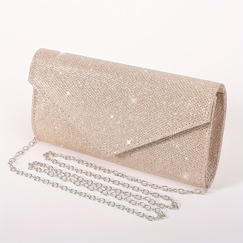 Glitter Women Envelope Evening Bag Mini Long Purse Ladies Silvery Day Clutch Wedding Party Handbag Shoulder Bags with Chain --A