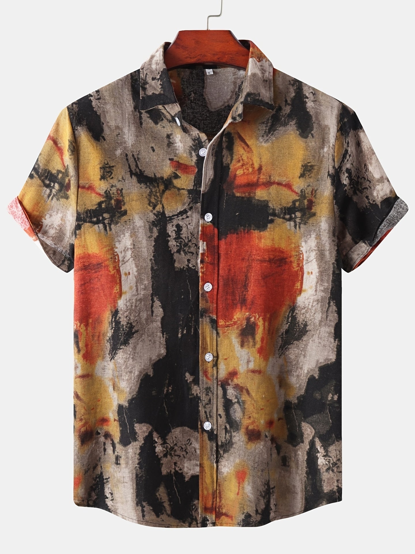 Mens Geometric Pattern Retro Oil Painting Style Short Sleeve Lapel Shirt - Comfy Casual Button Down Shirt for Summer Holiday - Cotton Blend, Non-Stretch, Regular Fit, All-Season Wear
