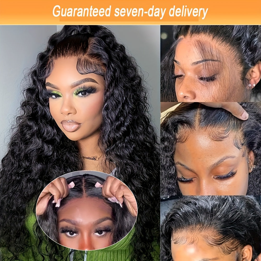 Put On And Go 13x6 Water Wave Wig Glueless Wigs Human Hair Pre Plucked Pre Cut Human Hair Wigs 200% Density For Women Human Hair HD Lace Frontal Deep Curly Wigs Glueless Wig For Beginners