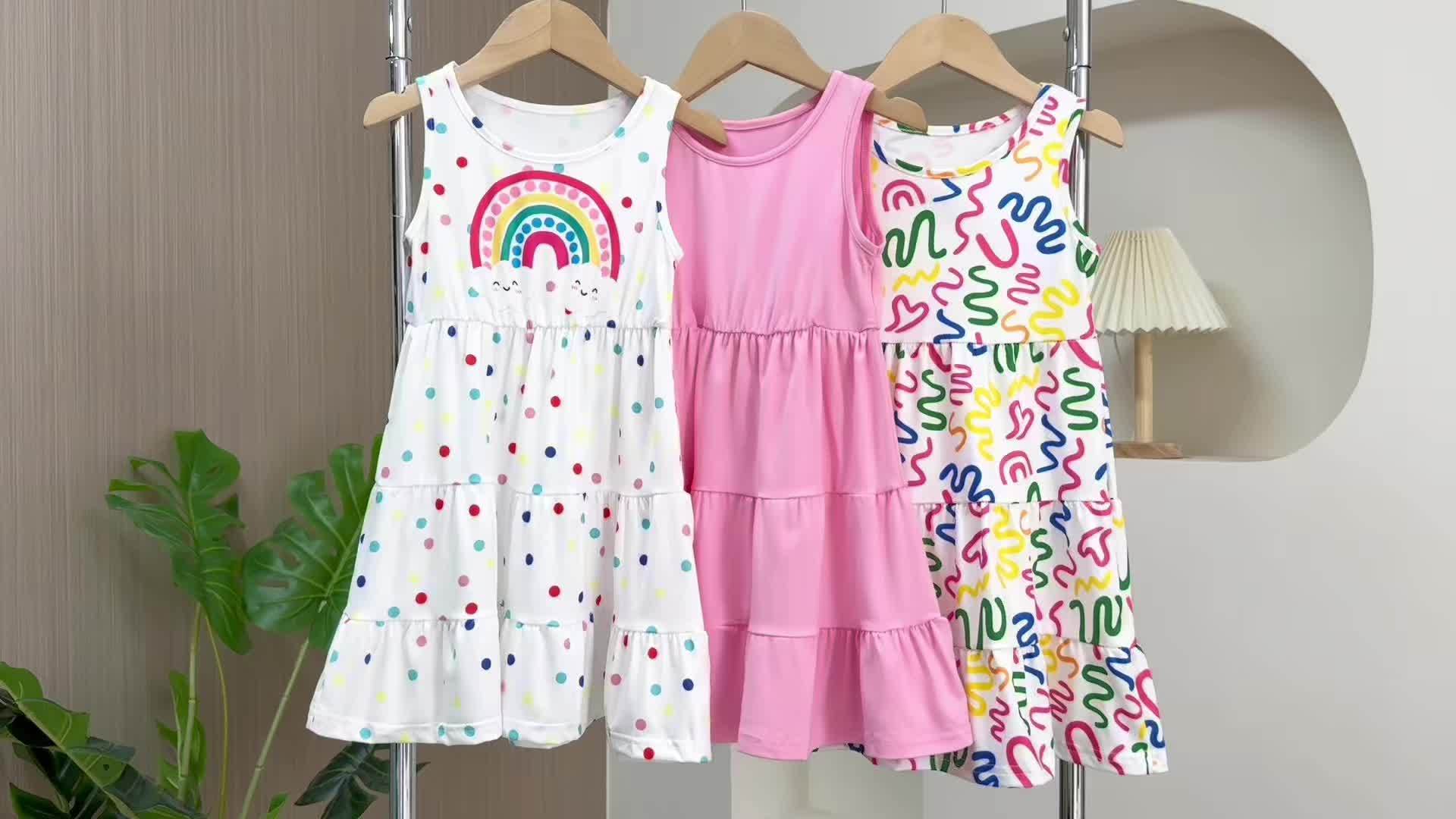 [Girls Sleeveless Dresses] 3pcs Girls' Sleeveless Dresses - Vibrant Rainbow & Candy Pattern, Yellow Tiered Ruffle Dress, Purple Polka Dot with Rainbow & Clouds Design - Perfect for Summer, Parties, and Casual Outings, Party D