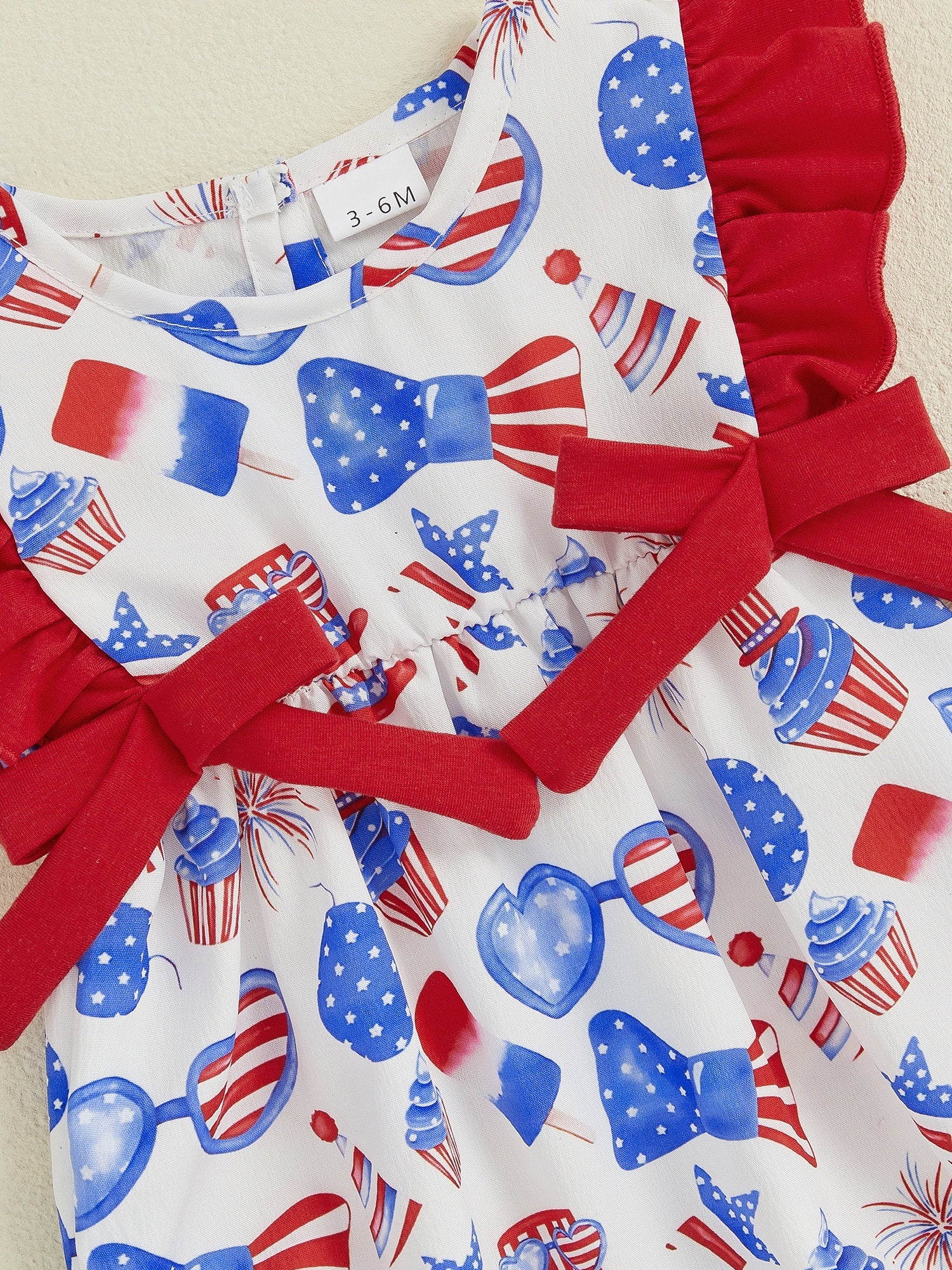 Baby Girls Patriotic Ice Cream Cake Print Romper - Red White Blue Stars & Stripes Design with Bow Detail, Fly Sleeve Summer Jumpsuit, Breathable Casual Outfit for Independence Day & Everyday Play, Holiday Wear | Playful Kids