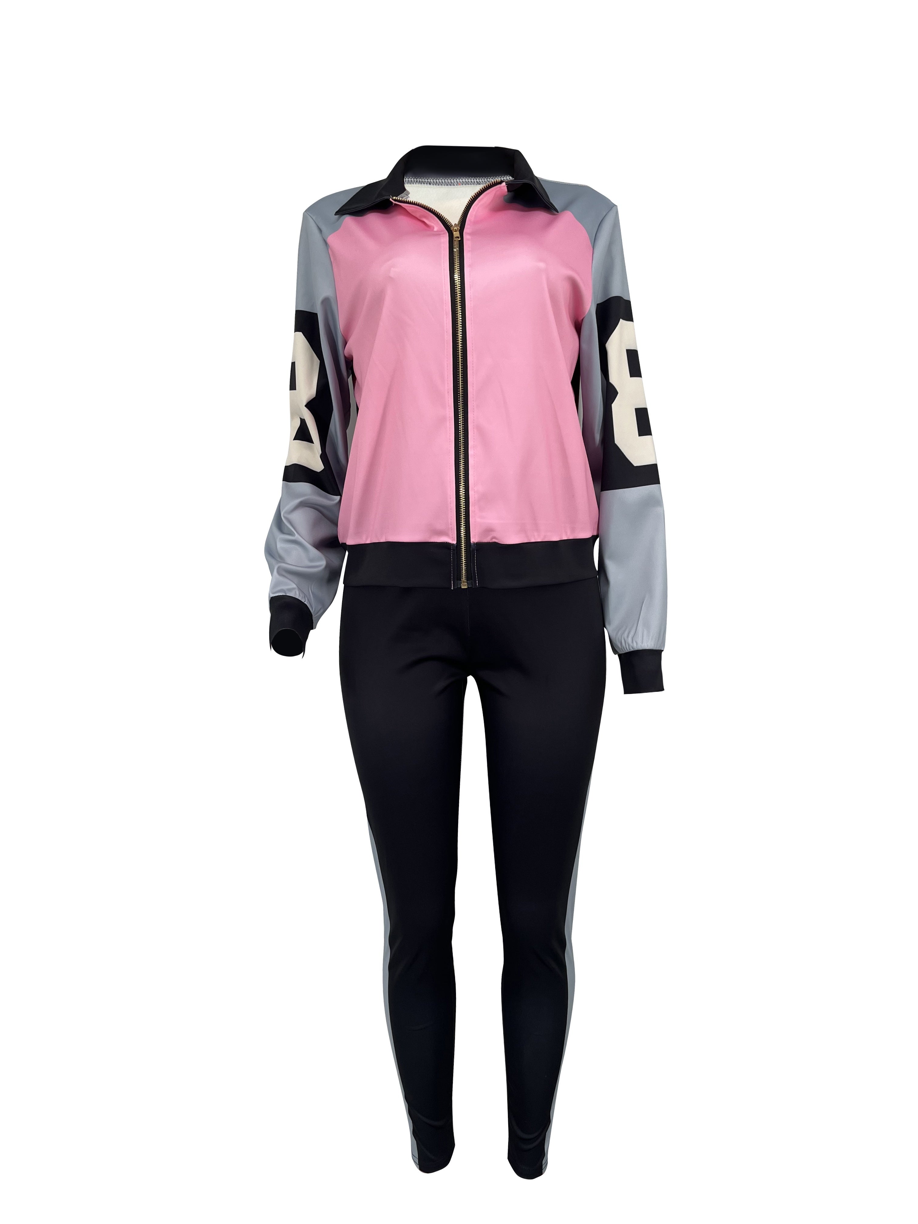 Two-piece Set, Color Block Casual Fall & Winter Outfits, Zip Up Jacket & Pants, Women's Clothing