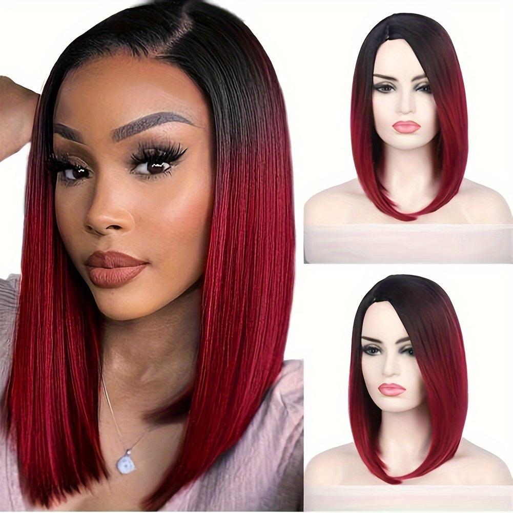[Heat Resistant Synthetic Wig] Heat Resistant Synthetic Wig | Black to Red Ombre Bob Cut with Side Part, Natural Look Synthetic Hair for Women, Everyday & Party Hairstyle, Easy Maintenance & Damage-Free Styling, Short Hair Wi
