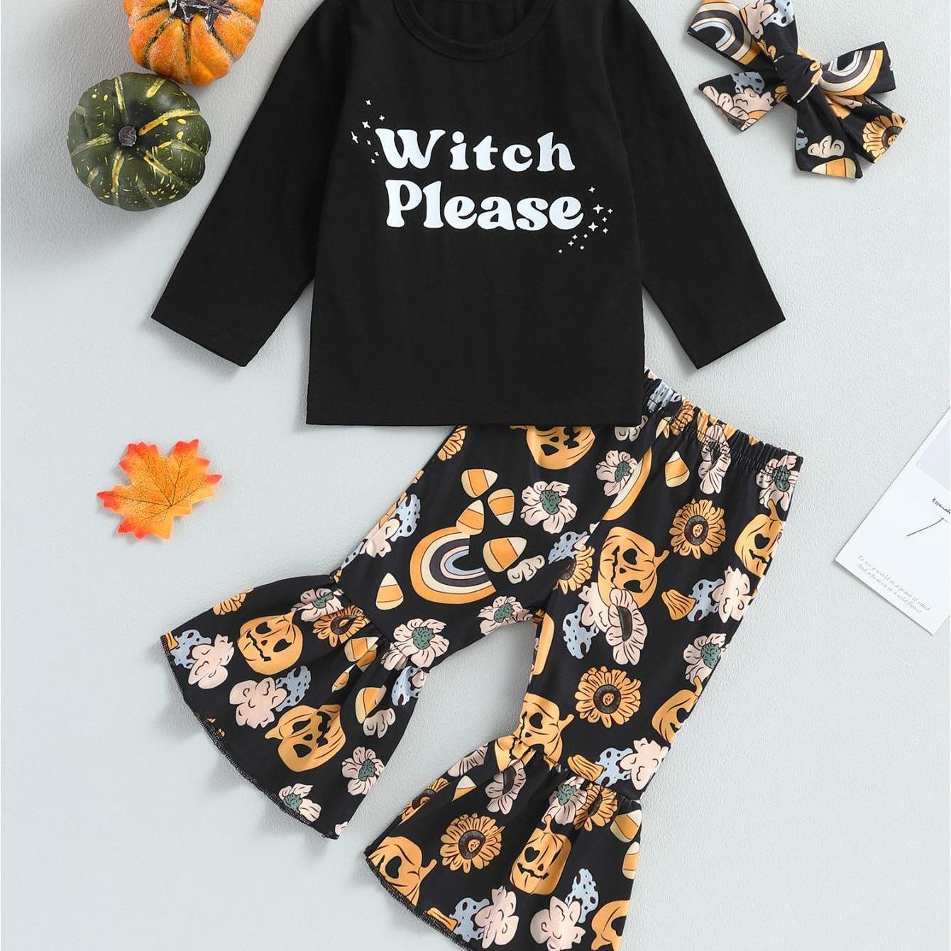 Baby Girls Halloween Clothes Letter Print Long Sleeve Tops and Pumpkin Print Flared Pants Headband Set Fall Outfits 0 6 12 18 24 Months 2-3 Years Old Kid