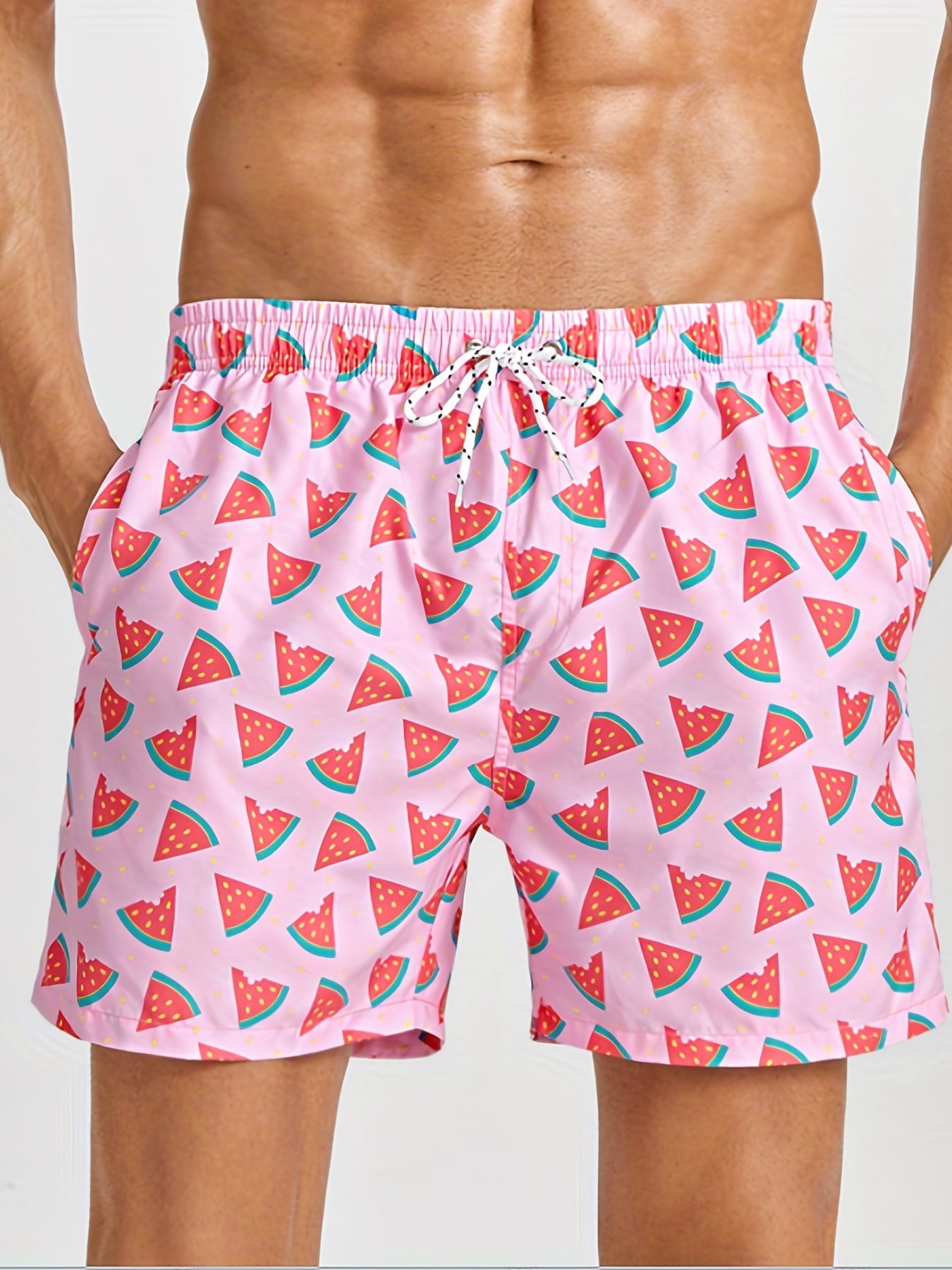 Mens Watermelon Print Hawaiian Shorts - Ultra-Comfortable Quick Dry Swim Trunks with Pockets & Drawstring Waistband - Durable Cartoon Pattern for Fun Summer Vacation, Beach & Pool Outings