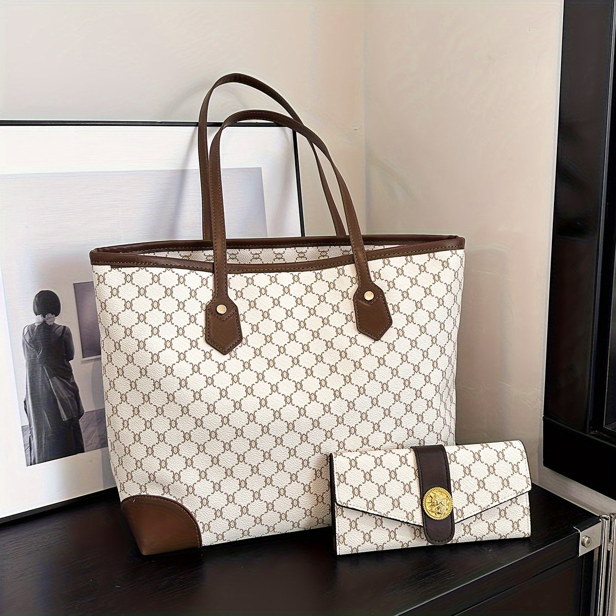 Classic Elegant Tote Shoulder Bag With Long Purse, Elegant Textured Women's Bags, New Year & Valentine's Day Gift