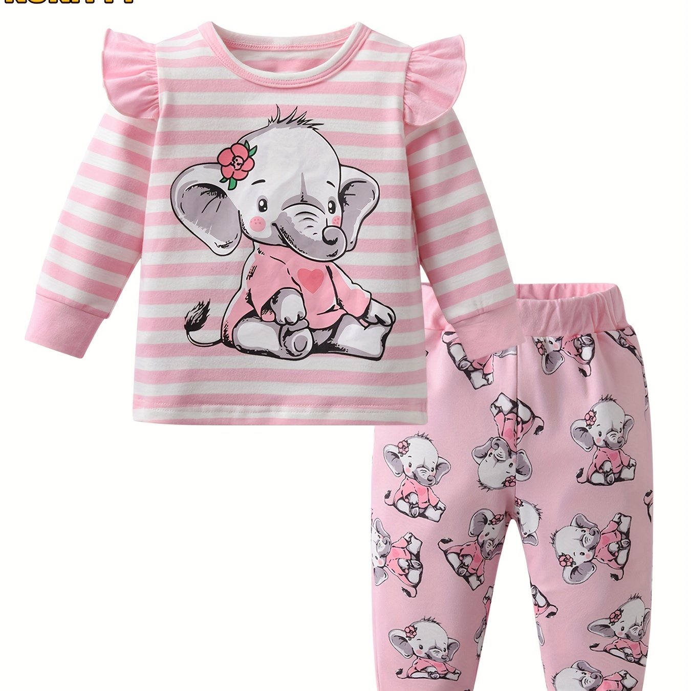 2-Piece Baby Girl's Casual Pants Set - Cartoon Elephant Print, Cotton Knit Fabric with Slight Stretch - Spring/Fall Outfits | Ruffle Long Sleeve Tops | Machine Washable