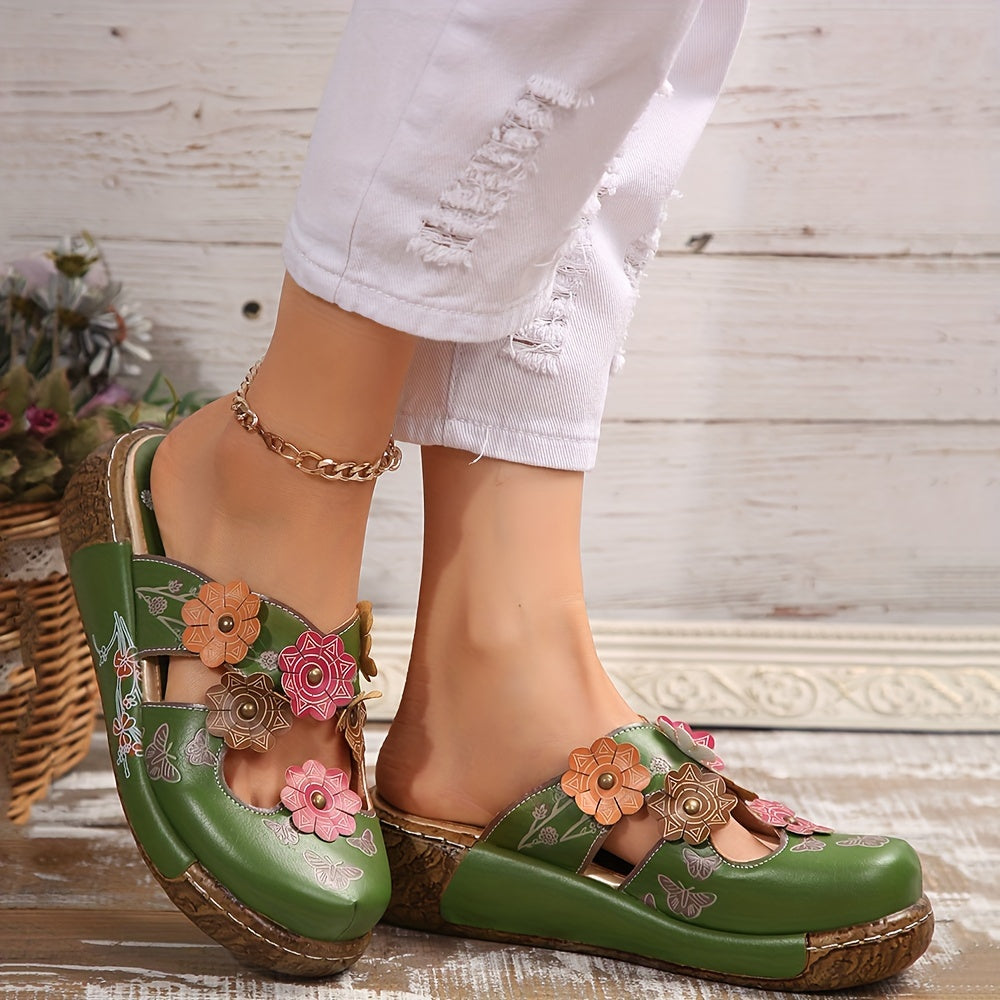 Women's Slip-On Platform Sandals - Ethnic Floral sandals with Cushioned PU Sole, Closed-Toe for Beach, Casual, Formal Events - Green & Pink Floral accents - All-Day Comfort Footbed - Women's Bohemian Footwear, Ladies Shoes An