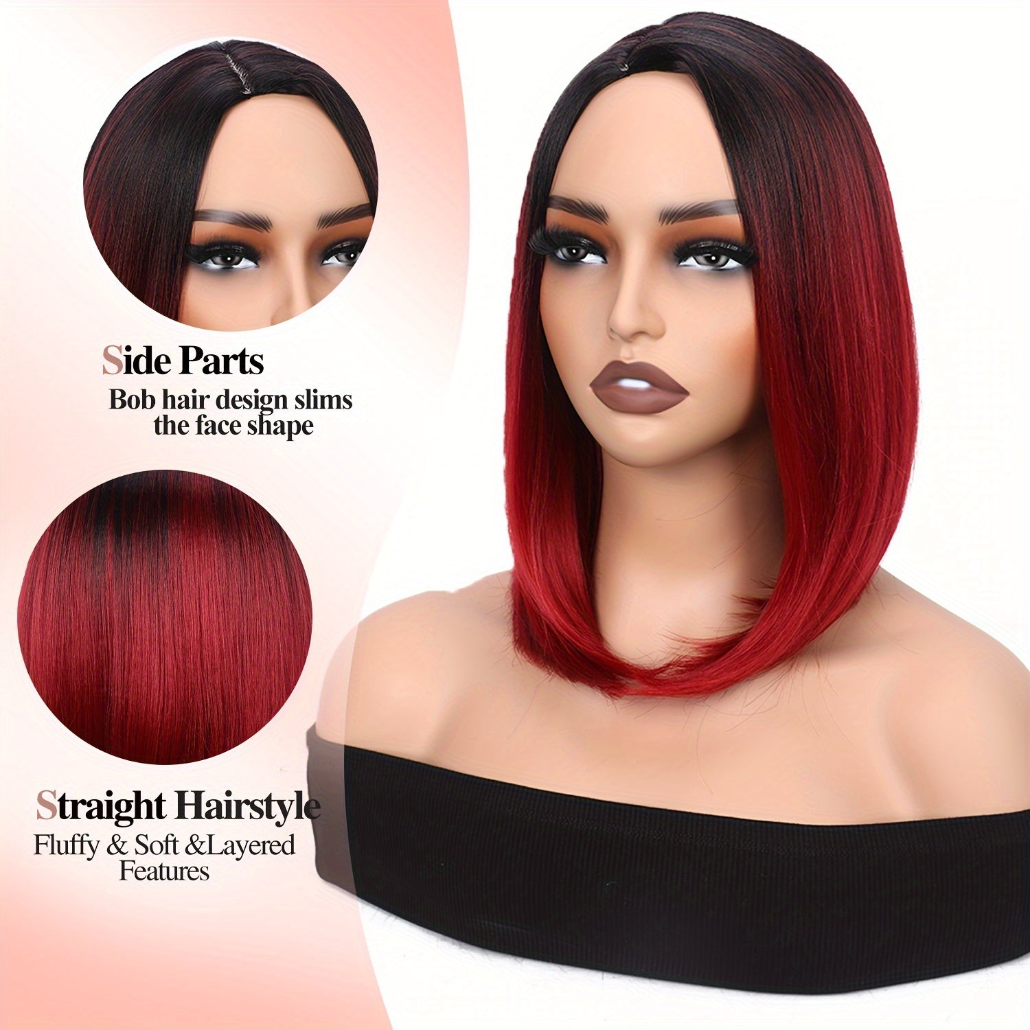 [Heat Resistant Synthetic Wig] Heat Resistant Synthetic Wig | Black to Red Ombre Bob Cut with Side Part, Natural Look Synthetic Hair for Women, Everyday & Party Hairstyle, Easy Maintenance & Damage-Free Styling, Short Hair Wi