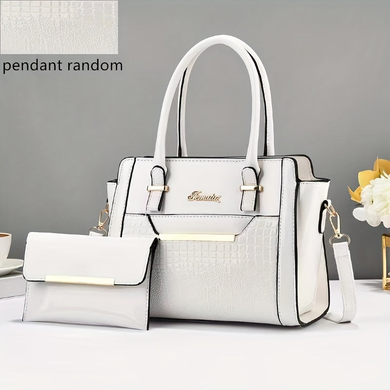 Vintage-Inspired Women'S Handbag Set with Crocodile Pattern - Large Capacity Tote and Crossbody Bags, Black, Golden Zipper Accents, Polyester Lined, Zippered Closure