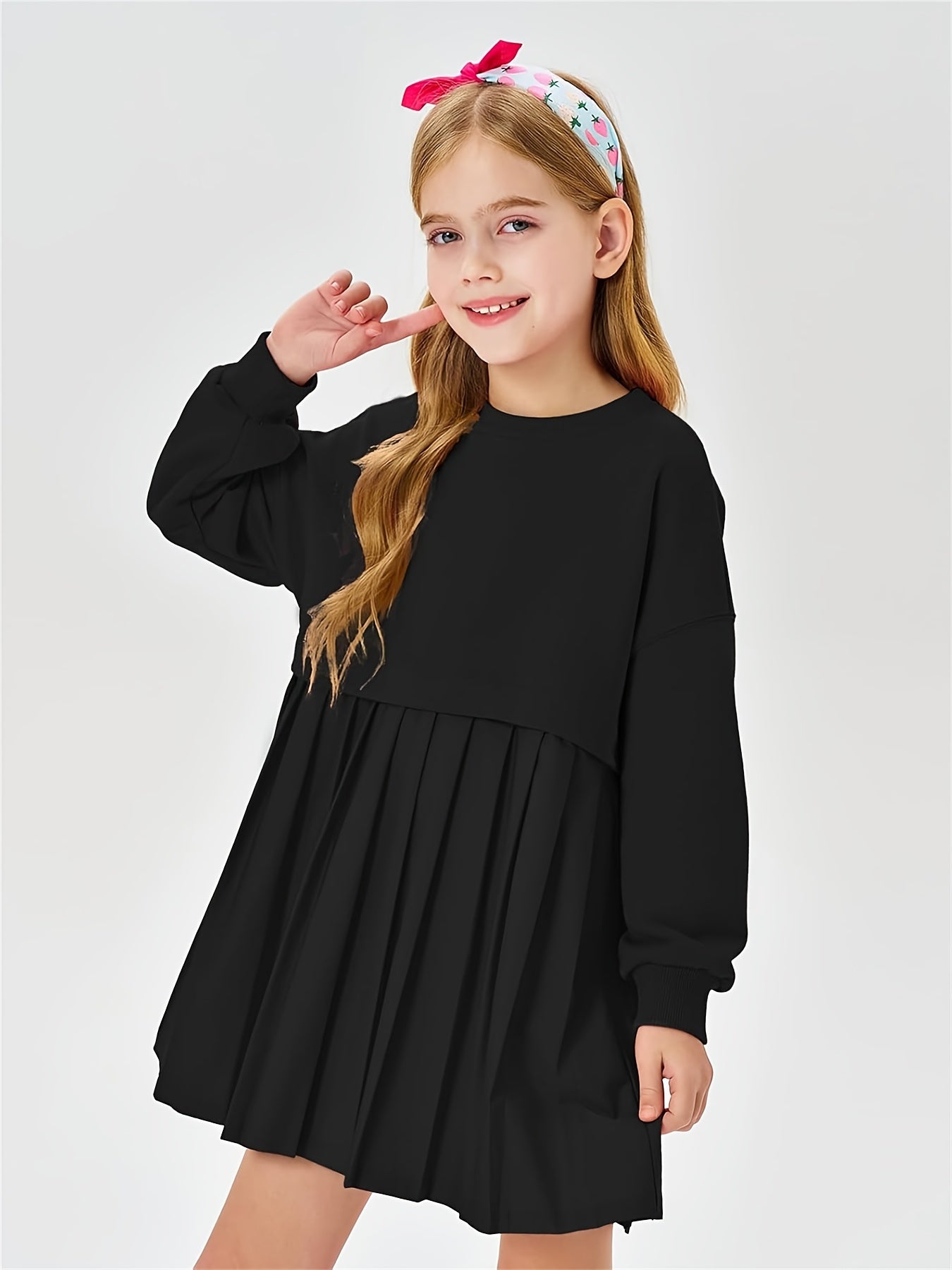 Girls Pleated Sweatshirt Dresses Kids Fashion Long Sleeve Crew Neck Mini Dress