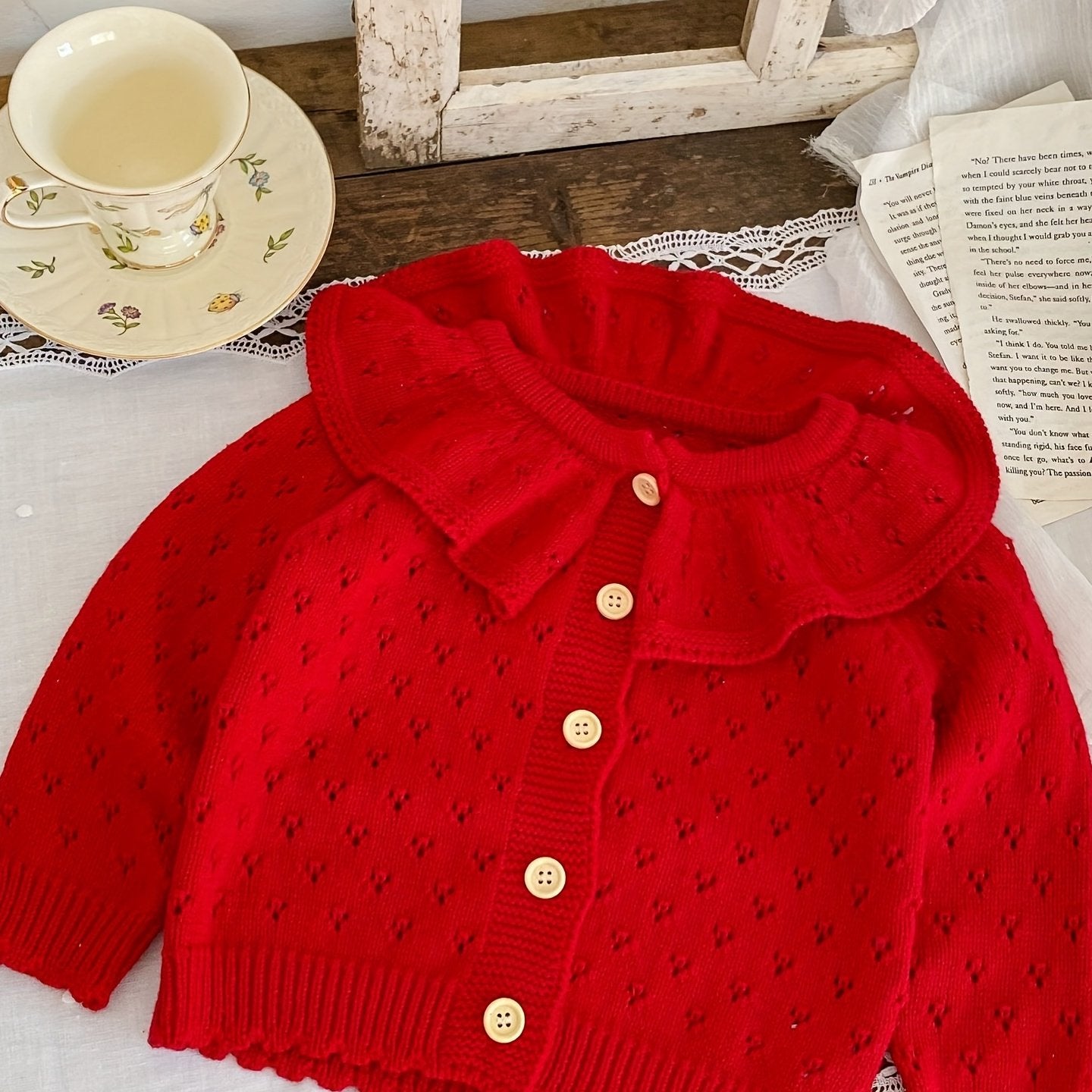 Girls' Jacquard Knit Ruffle Collar Button Long Sleeve Sweater Coat for Fall/Winter Outfits