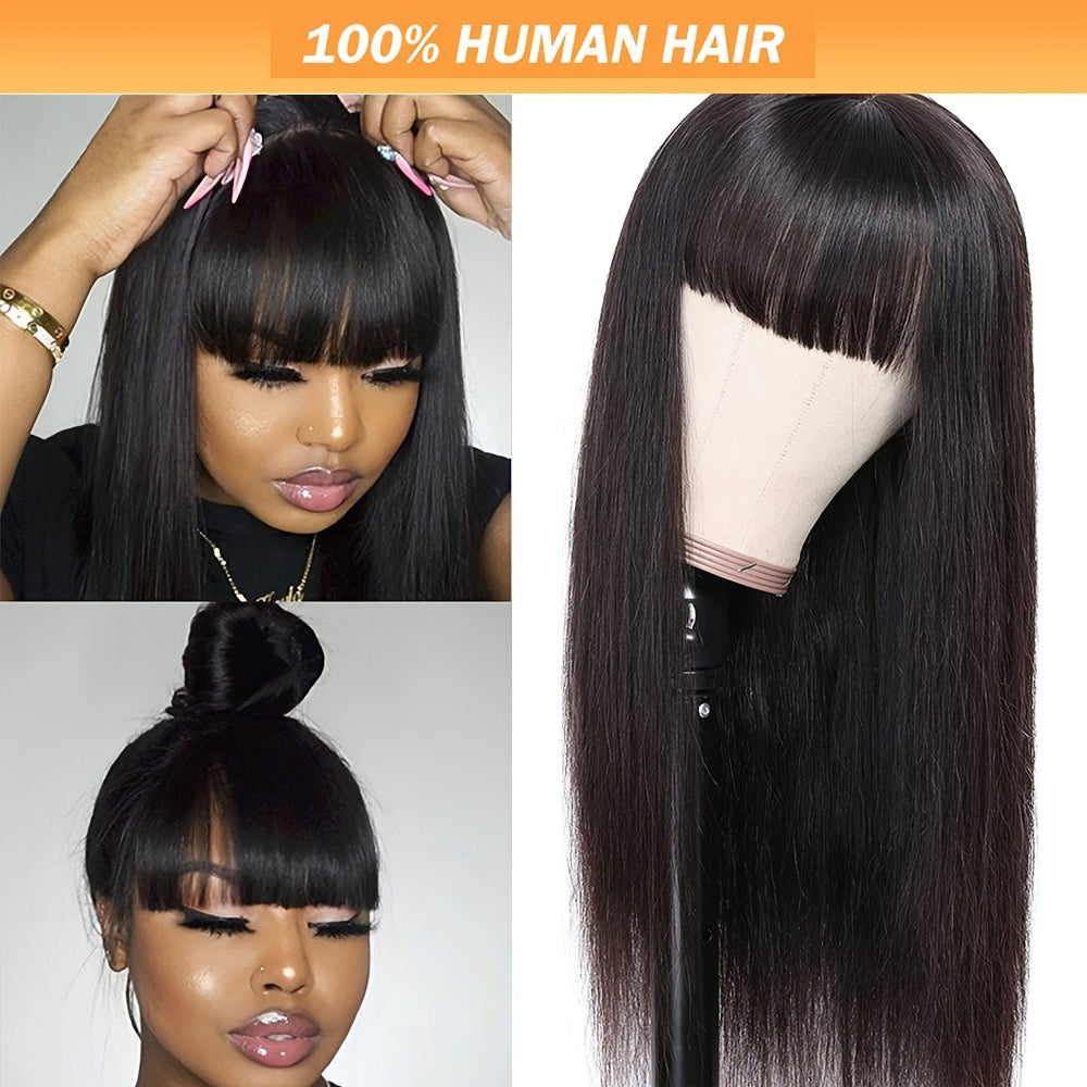 Straight Human Hair Wigs With Bangs Brazilian Put On And Go None Lace Front Wigs For Women Glueless Full Machine Made Wigs 150% Density Natural Color