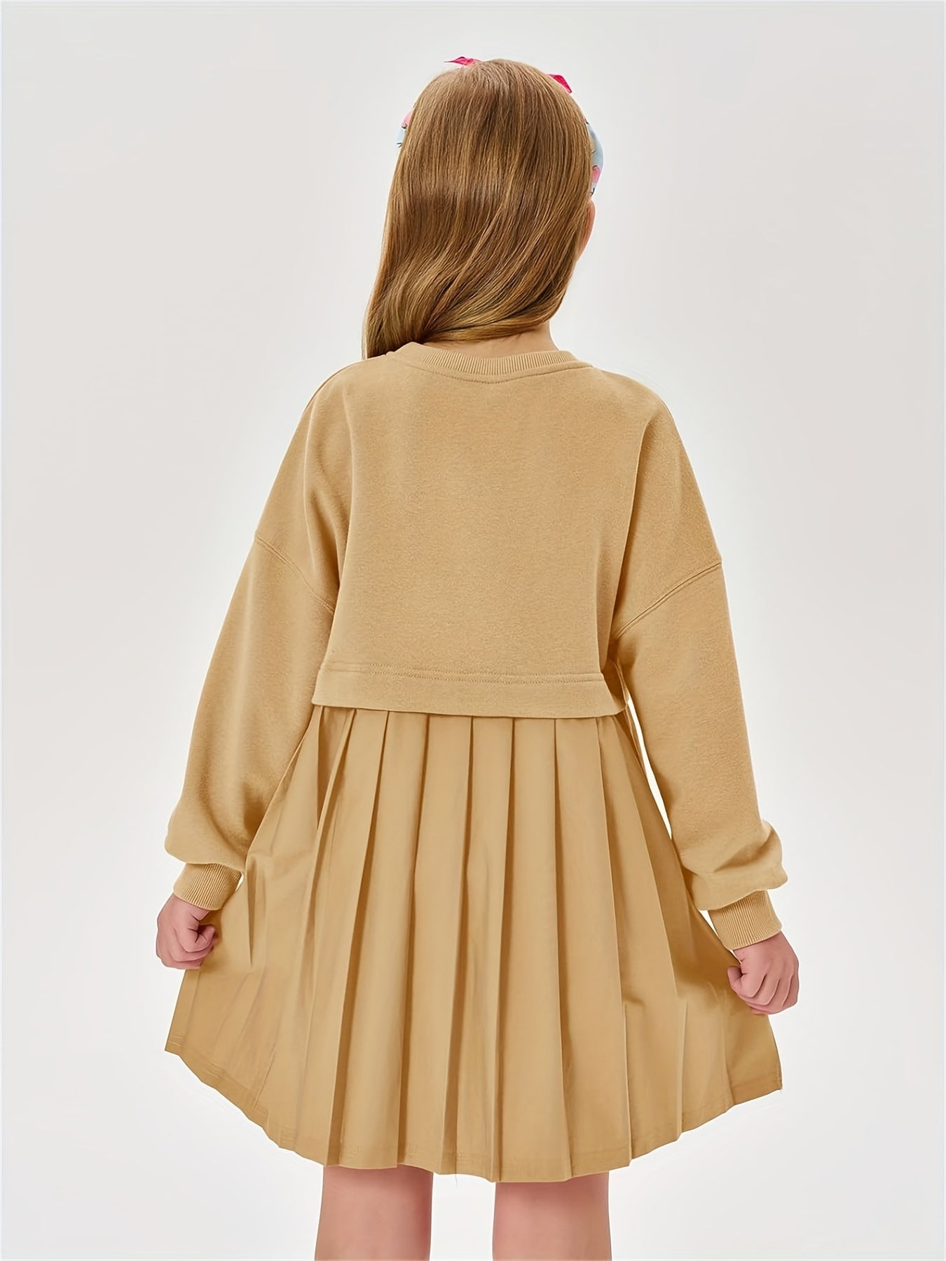 Girls Pleated Sweatshirt Dresses Kids Fashion Long Sleeve Crew Neck Mini Dress