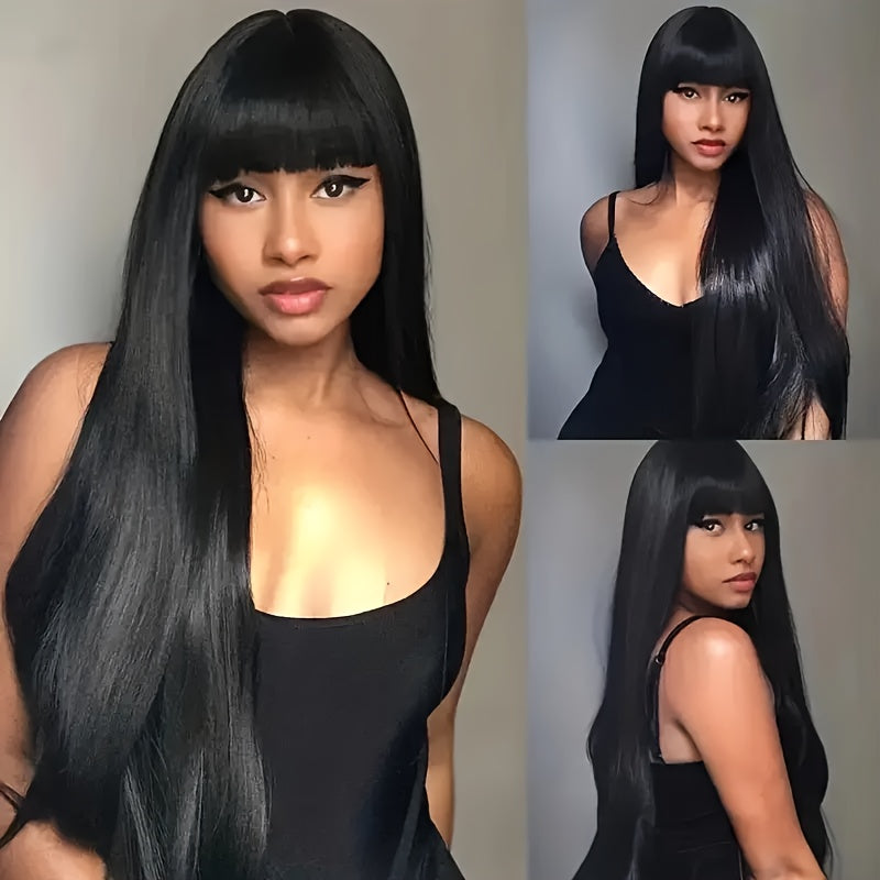 Wig With Bangs Straight Human Hair Wigs For Brazilian Women 200% Density Natural Color Full Machine Made Wigs Glueless Wig 100% Human Hair