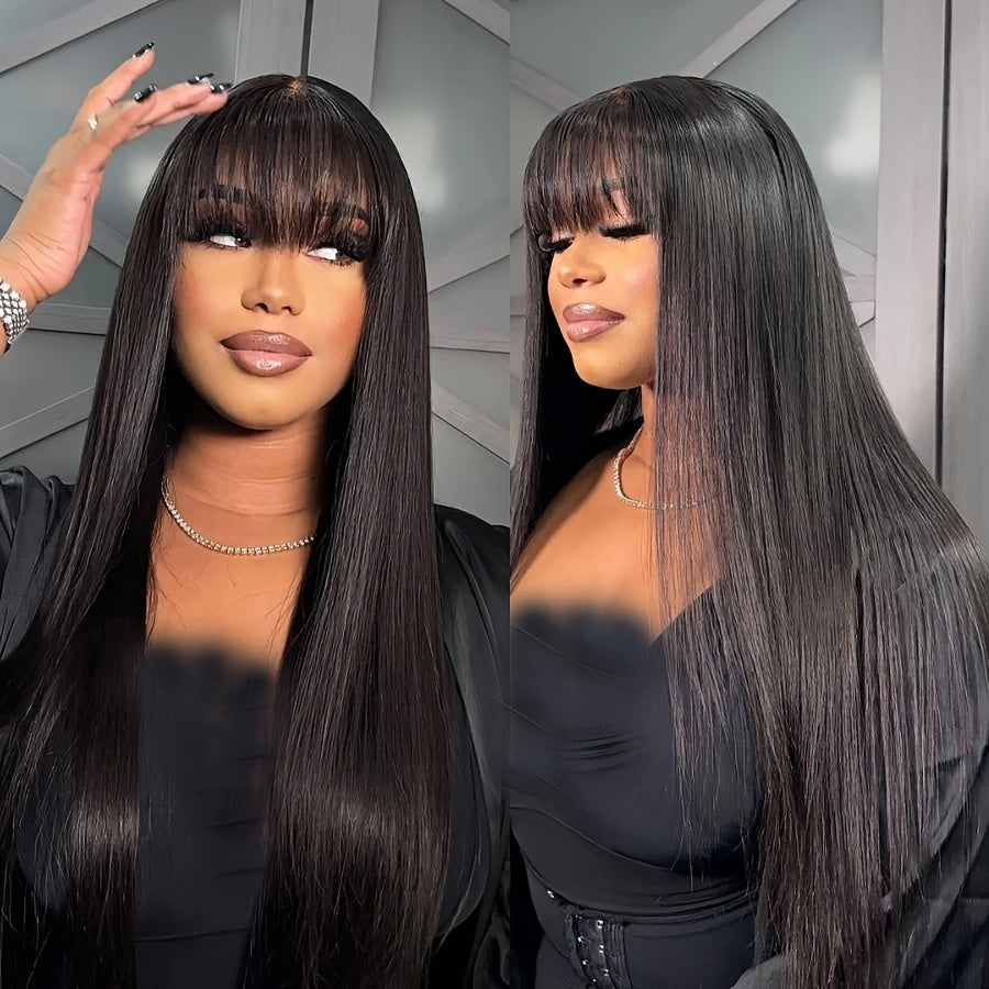 Wig With Bangs Straight Human Hair Wigs For Brazilian Women 200% Density Natural Color Full Machine Made Wigs Glueless Wig 100% Human Hair