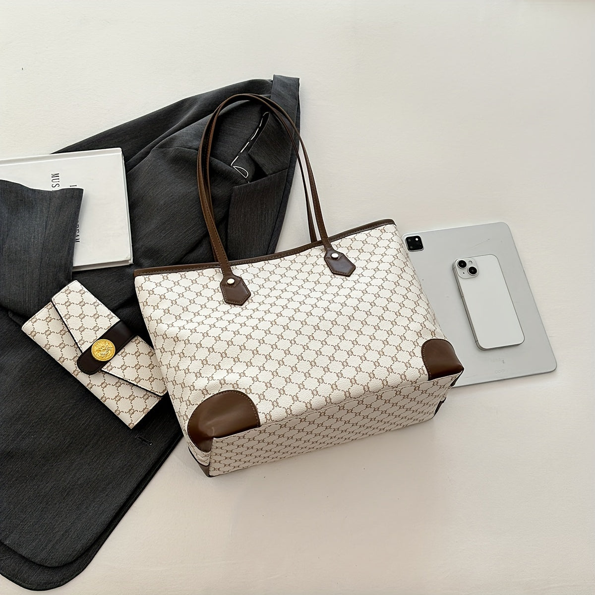 Classic Elegant Tote Shoulder Bag With Long Purse, Elegant Textured Women's Bags, New Year & Valentine's Day Gift