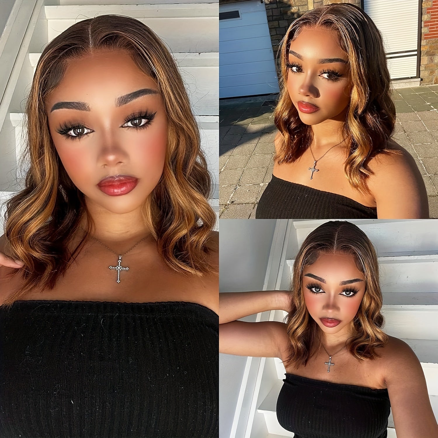 14 Inch Ombre Body Wave Bob Lace Front Wig Human Hair 4x4 Highlight Lace Front Short Body Wave Wig Human Hair 4/27 Ombre Brown Human Hair Wigs 180% Density Wigs Human Hair with Baby Hair