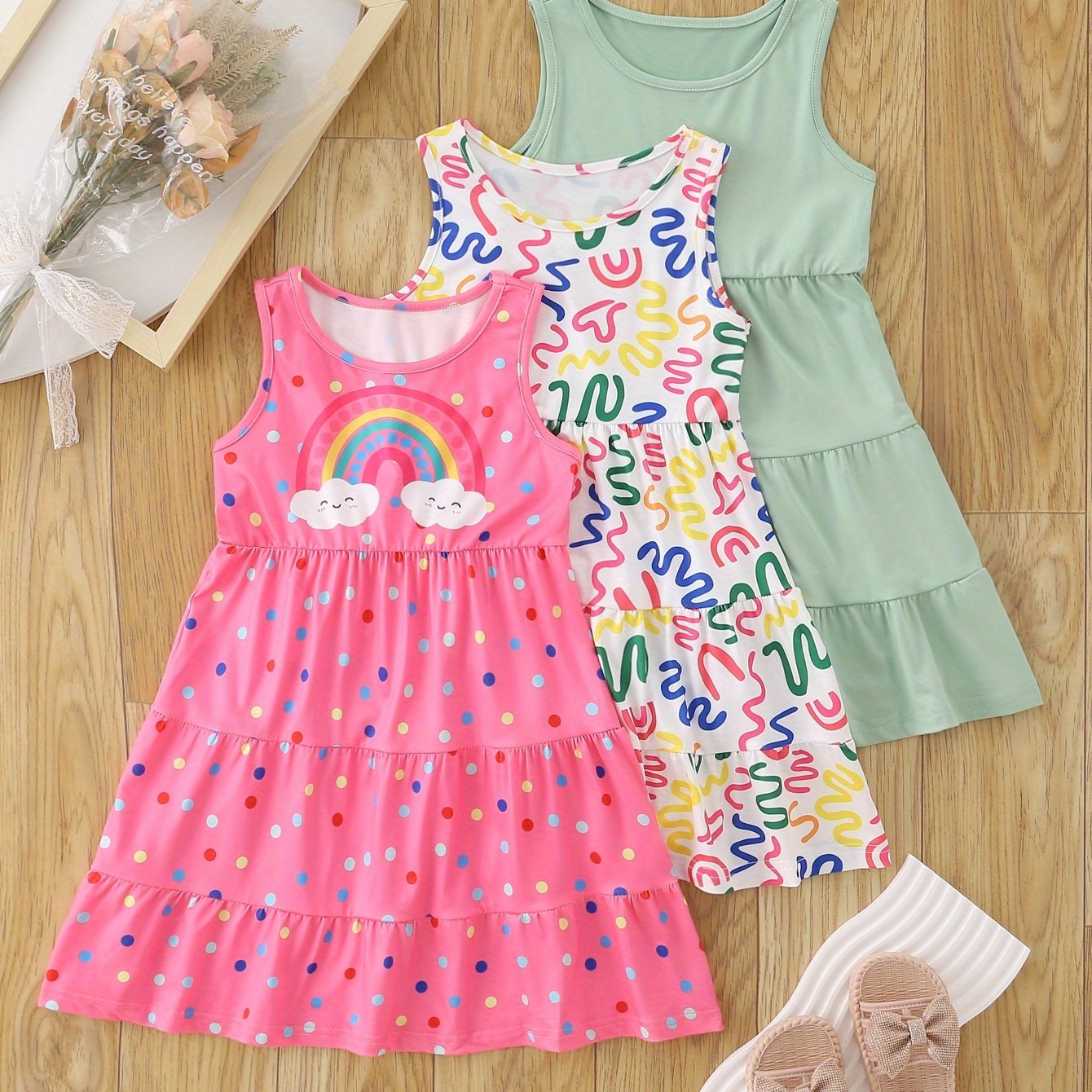 [Girls Sleeveless Dresses] 3pcs Girls' Sleeveless Dresses - Vibrant Rainbow & Candy Pattern, Yellow Tiered Ruffle Dress, Purple Polka Dot with Rainbow & Clouds Design - Perfect for Summer, Parties, and Casual Outings, Party D
