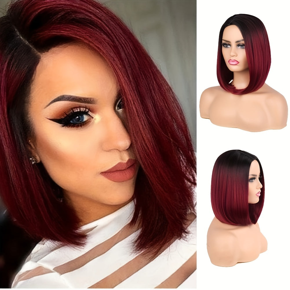 [Heat Resistant Synthetic Wig] Heat Resistant Synthetic Wig | Black to Red Ombre Bob Cut with Side Part, Natural Look Synthetic Hair for Women, Everyday & Party Hairstyle, Easy Maintenance & Damage-Free Styling, Short Hair Wi