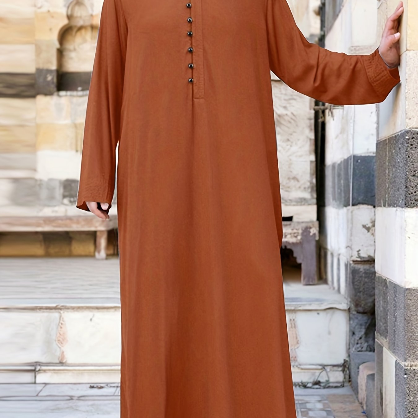 INCERUN Mens Solid Color Long Sleeve Off the Shoulder Thin Thobe Stand Collar Casual Burqa - Polyester Woven Fabric, Regular Fit, Spring Season, Non-Stretch, No Sheer - Perfect for Ramadan, Eid Al-Adha Celebrations