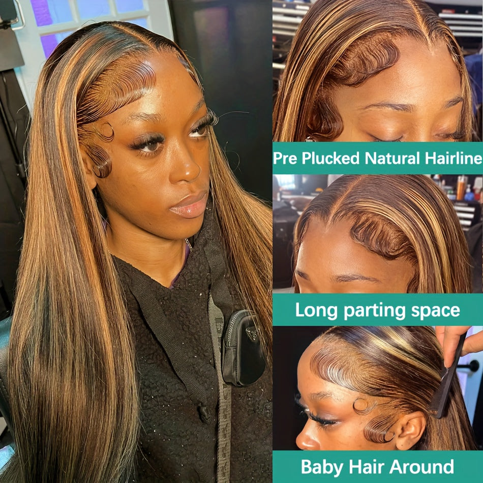 13x4 HD Lace Front Peruvian Remy Human Hair Wigs - Bone Straight Glueless Transparent Ombre Brown P4/27 - 28 30 32 Inch Lace Closure Wig Pre Plucked Colored Wig