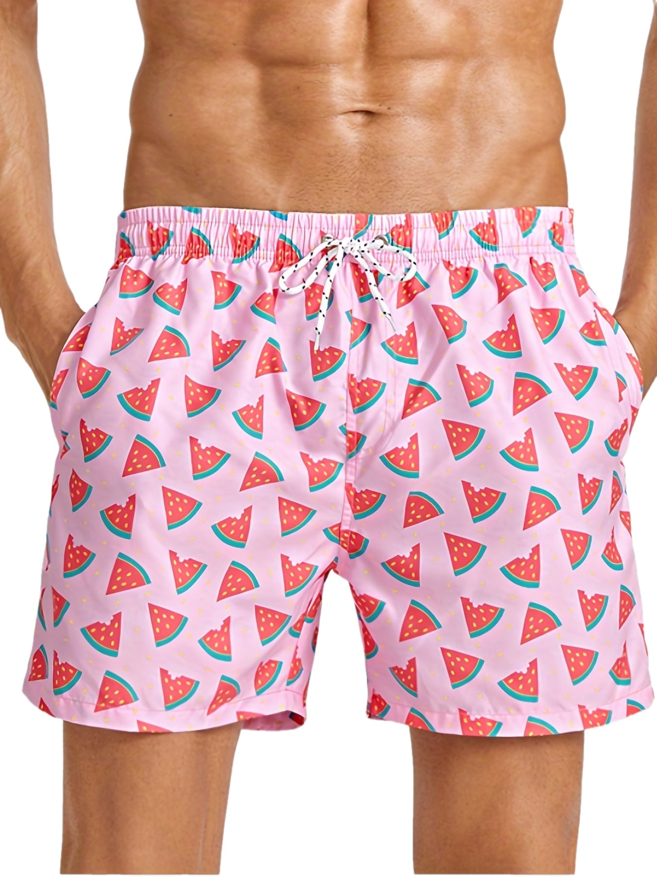 Mens Watermelon Print Hawaiian Shorts - Ultra-Comfortable Quick Dry Swim Trunks with Pockets & Drawstring Waistband - Durable Cartoon Pattern for Fun Summer Vacation, Beach & Pool Outings