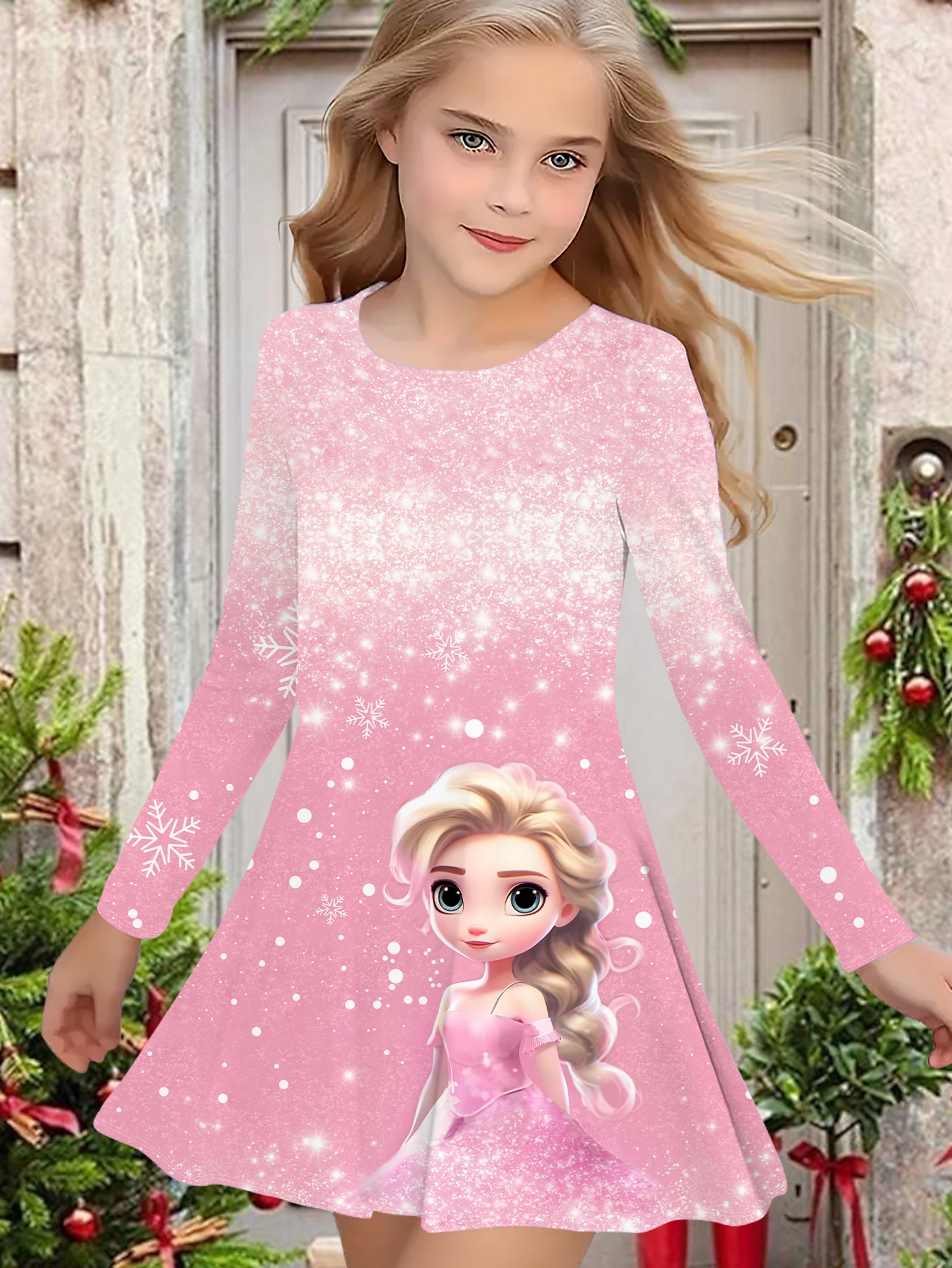 Girls' Long Sleeve Christmas Dress, 3D Princess Print, Knit Fabric, Polyester, Regular Fit, Casual Style, Autumn/Winter, Stretchy, Cartoon Pattern, Kids Fashion