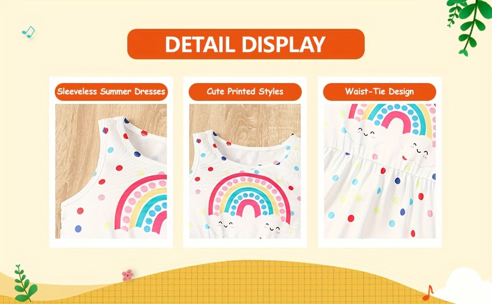 [Girls Sleeveless Dresses] 3pcs Girls' Sleeveless Dresses - Vibrant Rainbow & Candy Pattern, Yellow Tiered Ruffle Dress, Purple Polka Dot with Rainbow & Clouds Design - Perfect for Summer, Parties, and Casual Outings, Party D