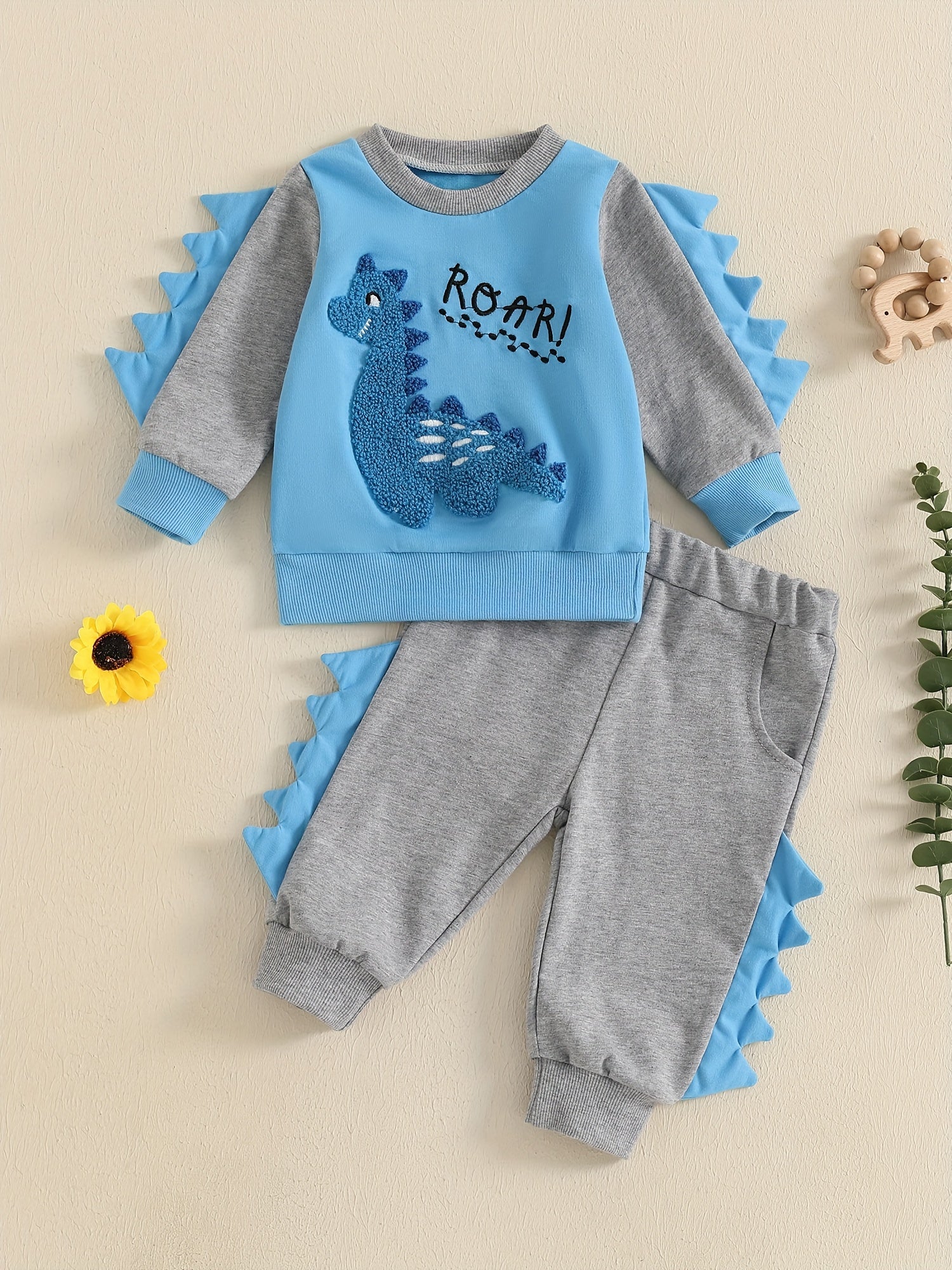 Toddler Boys Fall Outfits Dinosaur Letter Embroidery Long Sleeve Sweatshirts and Long Pants 2Pcs Clothes Set