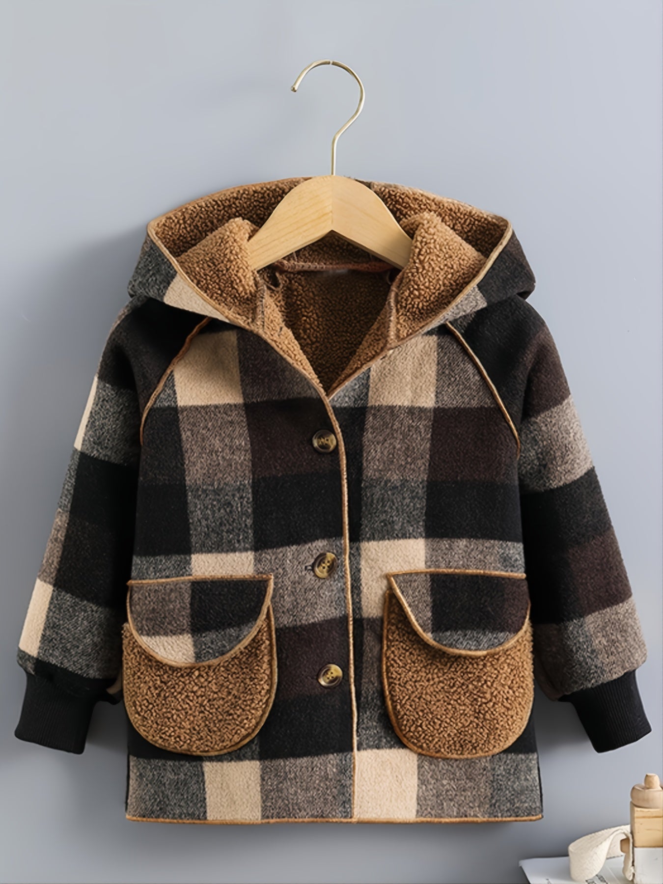 [Cozy Boys' Plaid Jacket] Cozy & Durable Boys' Fleece-Lined Plaid Jacket | Button Front, Pockets & Hood - Long Sleeve Casual Winter Coat for Fall/Winter, Brown & Black Checkered Pattern, Outerwear
