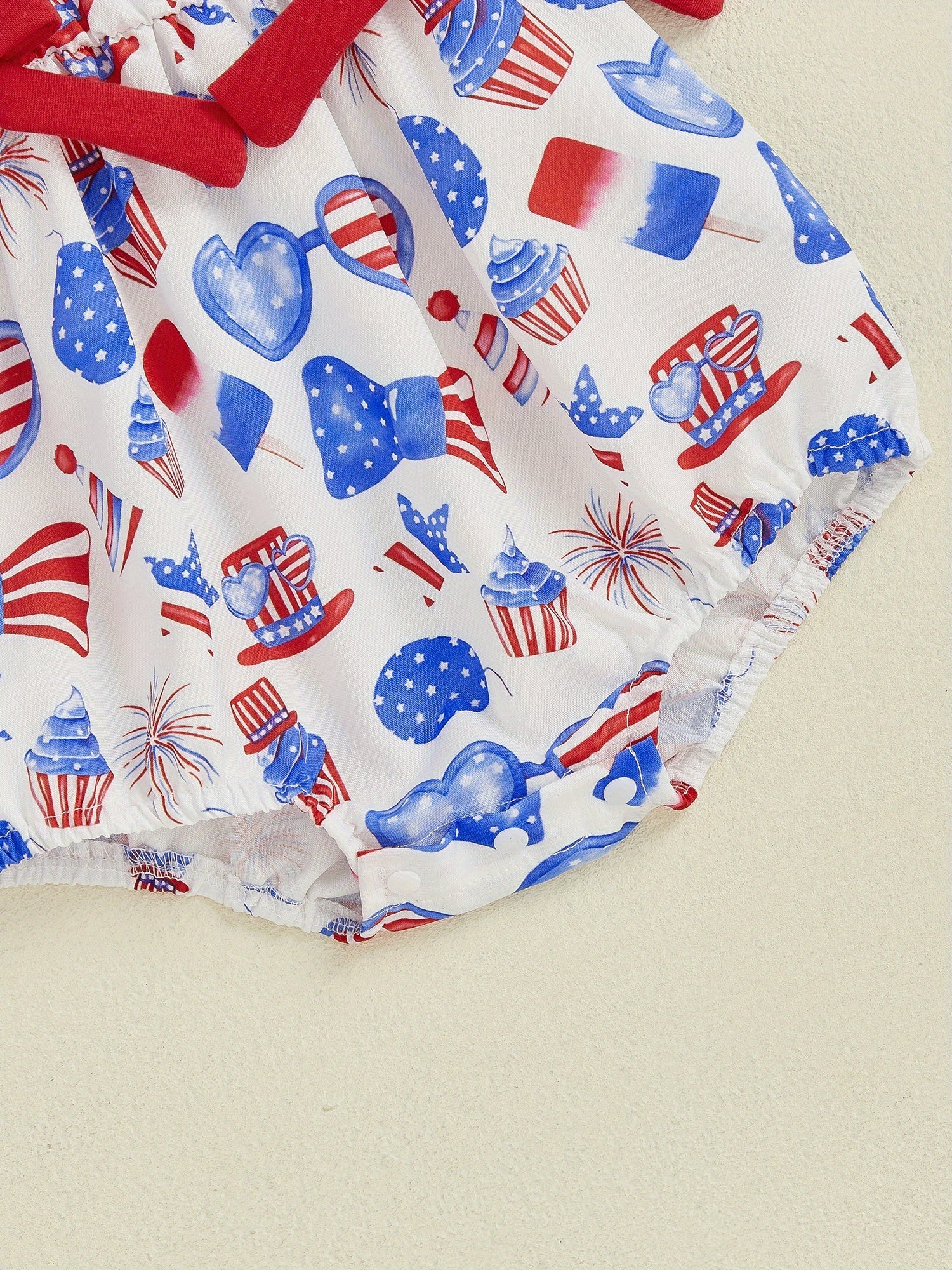 Baby Girls Patriotic Ice Cream Cake Print Romper - Red White Blue Stars & Stripes Design with Bow Detail, Fly Sleeve Summer Jumpsuit, Breathable Casual Outfit for Independence Day & Everyday Play, Holiday Wear | Playful Kids